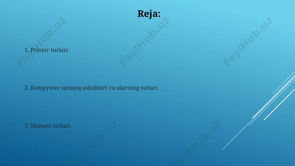manzillarni boshqarish orqali 255 tagacha qurilmani birlashtira oladi va ulardan 192.168.1.0/24 kabi turli subnettalarni yaratadi. scanner turlari qo'lda ushlab turiladigan skanerlar ixcham o'lchamlari va simsiz ulanish imkoniyati bilan mobil skanerlashni ta'minlaydi, bu esa hujjatlarni, rasmlarni va boshqa materiallarni har qanday joyda raqamlashtirishga yordam beradi. skanerlarning 3d skanerlash texnologiyasi 360° burchak ostida ob'ektlarni yuqori aniqlikda tasvirlash imkonini beradi va bu texnologiya tibbiyot, muhandislik va arxeologiya kabi sohalarda keng qo'llaniladi. printer turlari inkjet printerlar, har bir sahifa uchun taxminan 10 sent sarf qilib, yuqori sifatli rangli chop etish imkoniyatini taqdim etadi, ammo siyoh patronlarini tez-tez almashtirishni talab qiladi. lazerli printerlar, oyiga 1000 dan ortiq sahifa chop etadigan ofis muhitida yuqori tezlik va samaradorlikni ta'minlaydi, ammo boshlang'ich xarajati ancha yuqori bo'ladi. e'tiboringiz uchun rahmat @taqdimot_robot image1.jpg image2.jpg image3.jpg image4.jpg image5.jpg image6.jpg image7.jpg