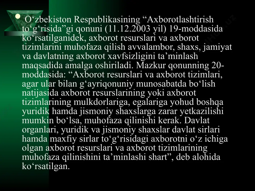necha turlarga bo'linadi: 1. ma'lumotlarga ishlov beruvchi axborot texnologiyalari. ular ma'lum algoritmlar bo'yicha boshlang'ich ma'lumotlarga ishlov beruvchi masalalarni echishga mo'ljallangan. masalan, har bir firmada o'zining xodimlari haqidagi axborotga ishlov beruvchi axborot texnologiyasi albatta bo'lishi kerak. 2. boshqarishning axborot texnologiyalari. ularning maqsadi ish faoliyati qaror qabul qilish bilan bog'liq bo'lgan insonlarning axborotga bo'lgan talabini qondirishdan iborat. boshqarishning axborot tizimlari tashkilotning o'tmishi, hozirgi holati va kelajagi haqidagi axborotni ham o'z ichiga oladi. 3. ofis(idora)ning axborot texnologiyasi. avtomatlashtirilgan ofisning zamonaviy axborot texnologiyalari bu - tashkilot ichidagi va tashqi muhit bilan kommunikatsion jarayonlarni kompyuter tarmoqlari va axborotlar bilan ishlovchi boshqa zamonaviy vositalar asosida tashkil etish va qo'llab-quvvatlashdan iborat. buning uchun maxsus dasturiy vositalar ham ishlab chiqilgan. ulardan biri microsoft offise dasturlar paketidir. uning tarkibiga word matn muharriri, excel elektron jadvali, power point taqdimot uchun grafikani tayyorlash dasturi, microsoft access ma'lumotlar omborini boshqarish tizimlari kiradi biznes sohasi axborot texnologiyalari yangi korxona yoki firmaning muvaffaqiyat bilan …