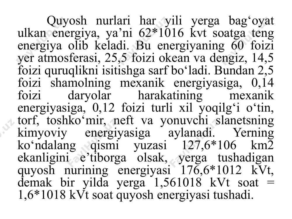 uyosh energetikasi. shu yili oʻzbekistonda elektr energiyasi 67,5 mlrd kvt/soat ishlab chiqarish rejalashtirilmoqda, 2030-yilga borib esa bu koʻrsatkich 120 mlrd kvt/soat ga erishishi kutilmoqda. oʻzbekistonda quyosh elektrostansiyalari qurilishi toshkent, samarqand, navoiy, jizzax, surxondaryo va qashqadaryo viloyatlarida rejalashtirilgan. oʻzbekiston energetikasi tabiiy gazga juda bogʻliq boʻlib, ishlab chiqarilayotgan elektr energiyasining 82 % ini tashkil etadi. oʻzbekiston 2030-yilga borib mamlakatning umumiy energetika balansidagi quyosh energiyasi ulushini 6 % ga yetkazishni rejalashtirmoqda. 2025-yilda qayta tiklanadigan energiyani umumiy energiya isteʼmoli majmuasida 19,7 % gacha oshirish, shu jumladan quyosh energiyasini 2,3 % ga oshirish rejalashtirilgan. 3.quyosh kollektorlari. quyosh energiyasidan asosan ikki maqsadda issiqlik energiyasi va elektr energiyasi olishda foydalanish hozirgi kunda dolzarb masalalardan bo’lib hizmat qilmoqda. quyosh energiyasini issiqlik energiyasiga aylantirib beruvchi qurilmalarga quyosh kollektorlari deyiladi. quyosh kollektorlari issiqlik energiyasi olish va elektr energiyasi olish uchun qo’llaniladigan uskunadir. kollektorlar asosan quyoshdan kelayotgan barcha turdagi nurlarni yutish uchun qora rangda tayyorlanadi. quyosh kollektorlaring turlari: yassi 2. vakuumli …