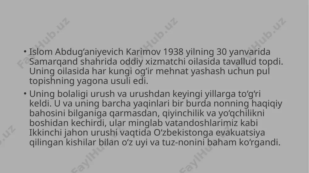 langan huquqiy demokratik davlat qurishning chuqur o‘ylangan strategiyasini ishlab chiqqan va uni amalga oshirgan buyuk davlat arbobi sifatida mamlakatimizda va xalqaro maydonda yuksak obro‘-e’tibor qozondi. o‘zbekistonning suvereniteti va mustaqilligini saqlash va mustahkamlash prezident islom karimov uchun hamisha eng oliy ustuvor vazifa bo‘lib keldi va u olib borgan siyosatning asosiy o‘zak tamoyili bo‘lib qoldi. o‘zbekiston xalqi istiqlol yillarida erishilgan barcha olamshumul yutuqlar va natijalarni mamlakatimizning birinchi prezidenti nomi va faoliyati bilan uzviy bog‘liq deb biladi. u haqli ravishda demokratik talablar va xalqaro mezonlarga to‘la javob beradigan o‘zbekiston respublikasi konstitutsiyasining muallifi bo‘lib, uni hayotga amaliy jihatdan tatbiq etishning haqiqiy kafolatiga aylandi. oʻzbekistonning birinchi prezidenti islom karimov 2016-yil 2-sentyabrida toshkent vaqti bilan soat 20:55 da toshkent shahrida bosh miyada qayta tiklanmaydigan oʻzgarishlarga va poliorgan yetishmovchiligiga olib kelgan miya qon aylanishining oʻtkir buzilishi (insult) oqibatida vafot etdi[7]. foydalanilgan adabiyotlar eʼtirof (oʻzbek, ingliz, rus tillarida), t., 1995; oʻzbekistonning yangi tarixi, 3-j. (mustaqil oʻzbekiston tarixi), t., …