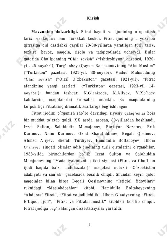larda yuksak vatanparvarlik ruhidagi yoniq, isyonkor she`rlar bitgan bo`lsa, keyinchalik birinchilardan bo`lib yangi o`zbek she`riyatini boshlab berdi, barmoq vaznida she`rlar yozdi, she`riyat nazariyasiga oid maxsus tadqiqotlar yaratdi, nasriy she`r janrida ijod qildi. bir so`z bilan aytganda o`n asrlik an`anaviy she`riyatni ichdan yangilaganlarning old safida bo`ldi. fitratning lirik she`rlari garchand son jihatdan ko`p bo`lmasa-da, ularda milliy nazm taraqqiyotining asosiy tamoyillari o`z aksini topdi. shuning uchun ham fitratning 6 she`riy ijodini maxsus tadqiq etish hozirgi adabiyotshunoslikning muhim muammolaridan biridir. magistrlik dissertatsiyasining maqsad va vazifalari. mazkur dissertatsiyani yozishdan maqsad – fitratning badiiy tafakkur tadrijidagi xizmatlarini yaxlit holda tadqiq etish va ilmiy, badiiy asarlarining g’oyaviy-badiiy va estetik qimmatini aniqlash hamda baho berishdir. magistrlik dissertatsiyasining vazifalariga esa quyidagilar kiradi: - fitrat ilmiy-nazariy asarlarining nashrlari va nazariy qarashlaridagi o`rni; - fitrat ilmiy-nazariy qarashlarining o`rganilish tarixi; - fitrat va milliy lirika taraqqiyoti; - fitrat va dramaturgiya taraqqiyoti; - fitratning ilmiy-nazariy va badiiy asarlarinig o`z davridagi va hozirdagi …