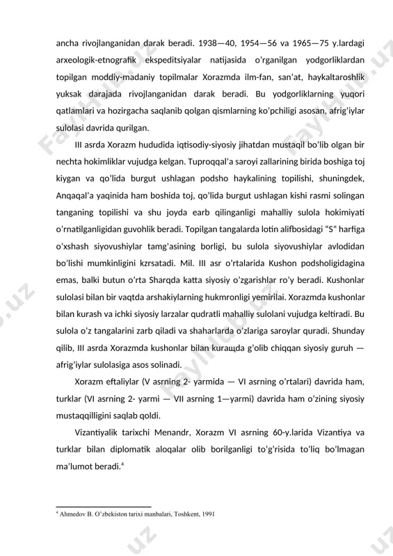 ar sulolasi davrida qurilgan. [3: ahmedov b. tarixdan saboqlar. t, 1994] iii asrda xorazm hududida iqtisodiy-siyosiy jihatdan mustaqil bo’lib olgan bir nechta hokimliklar vujudga kelgan. tuproqqal’a saroyi zallarining birida boshiga toj kiygan va qo’lida burgut ushlagan podsho haykalining topilishi, shuningdek, anqaqal’a yaqinida ham boshida toj, qo’lida burgut ushlagan kishi rasmi solingan tanganing topilishi va shu joyda earb qilinganligi mahalliy sulola hokimiyati o’rnatilganligidan guvohlik beradi. topilgan tangalarda lotin alifbosidagi “s” harfiga o’xshash siyovushiylar tamg’asining borligi, bu sulola siyovushiylar avlodidan bo’lishi mumkinligini kzrsatadi. mil. iii asr o’rtalarida kushon podsholigidagina emas, balki butun o’rta sharqda katta siyosiy o’zgarishlar ro’y beradi. kushonlar sulolasi bilan bir vaqtda arshakiylarning hukmronligi yemirilai. xorazmda kushonlar bilan kurash va ichki siyosiy larzalar qudratli mahalliy sulolani vujudga keltiradi. bu sulola o’z tangalarini zarb qiladi va shaharlarda o’zlariga saroylar quradi. shunday qilib, iii asrda xorazmda kushonlar bilan kuraщda g’olib chiqqan siyosiy guruh — afrig’iylar sulolasiga asos solinadi. xorazm eftaliylar (v asrning …