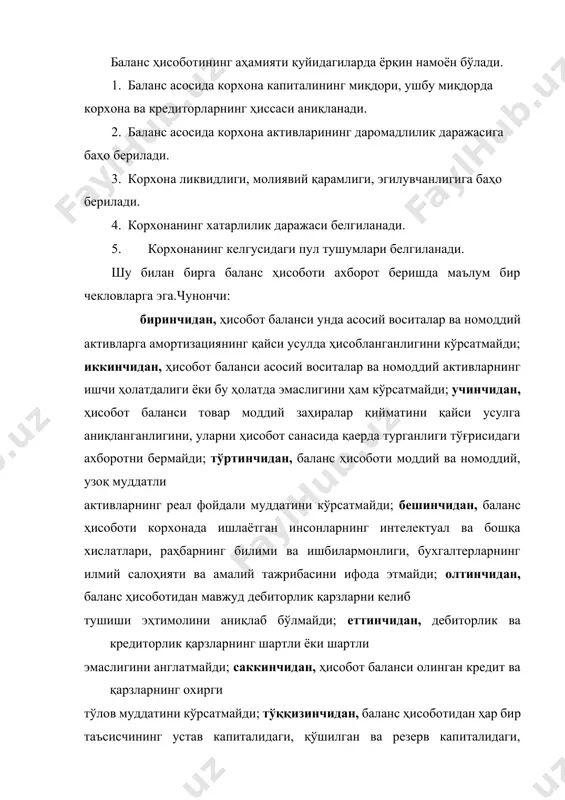 тарафи эса «пассив», деб номланади. баланснинг актив тарафида корхонанинг активларини, пассив тарафида эса уларнинг ташкил топиш манбаларини ифодаловчи элементлар (моддалар) акс эттирилади. ушбу форматнинг асосий афзаллиги шундаки, у визуал ўқишга қўлайдир. асосий камчилиги замонавий компьютерларда тузишда маълум қийинчиликларни туғдиради ва кўп сонли бетлардан иборат бўлишлиги сабабли визуал ўқиш бирмунча ноқулайликлар туғдиради. вертикал формат. бу усулда баланс элементлари вертикалига жойлаштирилади. бунда олдин активлар, шундан сўнг активларни ташкил топиш манбалари жойлаштирилади. ушбу усул ҳам халқаро амалиётда, ҳам бизнинг республикамизда ҳозирги пайтда энг кенг қўлланилади. ҳам горизонтал,ҳам вертикал форматда тузиладиган баланс 3 та қисмдан иборат бўлади: 1- қисм – титул қисми – бунда корхонанинг номи,юқори ташкилоти, вазирлиги, ташкилий мақоми, тармоқ ,худуд,солик кодлари, манзили ва бошқа реквизитлари кўрсатилади. 2- қисм – предмет қисми – бунда дастлаб актив, сўнгра пассив моддалари суммалари давр боши ва давр охирига минг сум бирлигида кўрсатилади. 3- қисм – расмийлаштириш қисми – бунда рахбар ва бош ҳисобчи фиш, имзолари ва …