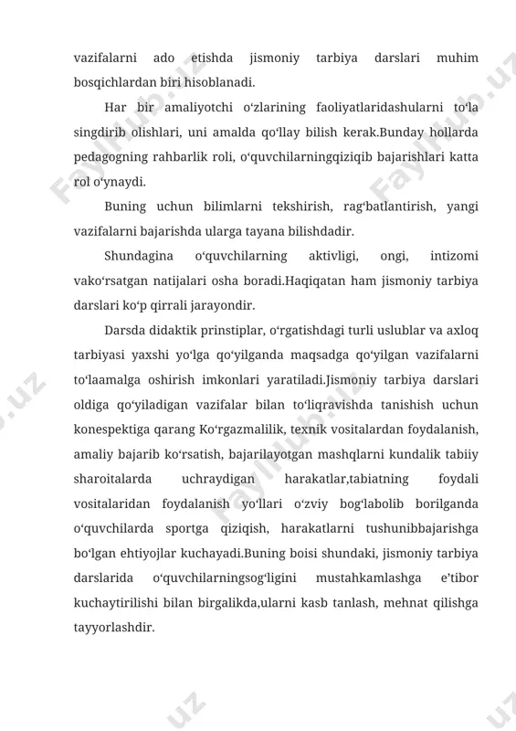 ing isbotlashicha, dars faqatbir xilda olib borilmasligi, o‘qituvchi o‘z imkon va sharoitlariga qarabuni doimo o‘zgartirib turishi, yangi elemetlar bilan to‘ldirib borishi zarur. kirish darslari choraklarning boshlarida tashkil qilinib, bunda o‘qituvchi bolalar bilan nazariy mashg‘ulotlar, suhbatlar, savol-javoblar o‘tkazadi, aniq vazifalar belgilanadi, fizorg va guruh sardorlari saylanadi.yangi materialni o‘rganish darslarda o‘qituvchilarga noma’lumbo‘lgan mashqlar o‘rganiladi, ularning bilim, tushuncha, harakatmalakalarini oshirish. bunda dastur materiallari, sport turlari bilanmashg‘ul bo‘ladi.takrorlash darslarida o‘tgan materiallarni mukammallashtirish,dasturda belgilangan mashqlarni yaxshi o‘zlashtirish, “alpomish va barchinoy” me’yorlarni bajarish kabi vazifalar hal etiladi.aralash darslarda esa sport turlari materiallarini qo‘shish orqaliyangi materiallarni o‘rganish, takrorlash kabi vazifalarni birgalikdaolib boradi.hisobga olish darslari asosan har bir qism yoki turlarni tugatganda, choraklar oxirida materiallarni qanchalik o‘zlashtirilganligihisobga olishdir. bunday paytlarda mashqlarning boshqarish texnikasi, normasi baholanadi. bunday vazifalarni ko‘proq sport musobaqalari formasida tavshkil qilish maqsadga muvofiqdir.darslarning barcha turlarida gimnastika, yengil atletika (3-sinfdanboshlab), sport o‘yinlari, harakatli o‘yinlar, kurash, badiiy gimnastika kabi sport turlarining asosiy mazmuni va elementlari o‘tiladi. saf mashqlari …