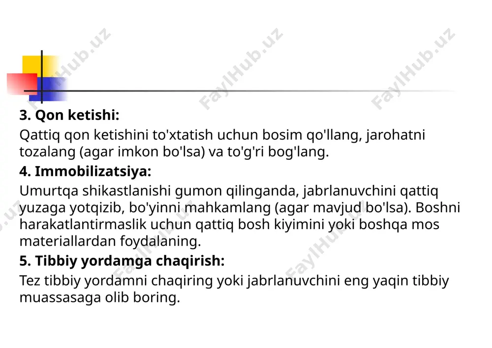 ketish va tomirlar jaroxatlari klassifikatsiyasi travmatik;-travmatik bo`lmagan (jaxon urushi ma`lumotlariga ko`ra). tomir yopiq shikasti, tomir ochiq shikasti - o`q otuvchi qurolli va o`q otuvchi qurolsiz. tomir shikastlanishi ko`rinishida:-arteriya jaroxati, vena jaroxati, vena va arteriya aralash jaroxati. jaroxat xarakteriga ko`ra: - to`liq, noto`liq. klinik belgilariga ko`ra: - birlamchi qon ketishsiz, birlamchi qon ketishli, tarang tortilgan gematoma ko`rinishi bilan, maxalliy qon aylanishni buzilish belgilari bilan. kalla jaroxatlari - ulug vatan urishining 5,2%ni tashkil etadi.o’q-otar qurollardan 67,9% yopiq shikastlanishlarni 10,9%ni o’tmas narsa bilan ochiq jaroxatlanishlarni 21,9%ni yadro qurollari bilan jaroxatlanishlar yopiq shikastlanishlar foizini oshiradi. bosh jaroxatlari klasifikasiyasi:-qurolning yaralash turi bo’yicha: o’q-otar qurollardan (o’q-doridan, o’q parchasidan, o’q soqqasidan o’q elementlaridan va boshalar) o’tmas narsalar bilan urilishidan to’grilingan, qiymalangan, yorilgan, kesilgan: -jaroxatlarning chuqurligi buyicha : yumshoq tuqimani tuqimani jaroxatlanishi(teri, aponevroz, muskul, suyak usti pardasi), o’tkazmaydigan (bosh suyagi va yumshoq to’qimasining-epidurali), o’tkazadigan (miya va miya pardasi jaroxatlanishi-intradural);-yara xarakteri buyicha: urilgan, ko’r yara, teshib o’tgan, silab o’tgan, …