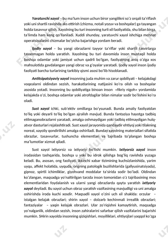 ilik va antitsipiruyuщee xayol turlarini mujassamlashtiradi. obrazlarning mustaqilligi va haqiqiyligiga bog‘liq ravishda xayol yaratuvchi va ijodkor bo‘ladi. yaratuvchi xayol – bu ma’lum inson uchun biror yangilikni so‘z orqali ta’riflash yoki uni shartli ravishda aks ettirish (chizma, notali yozuv va boshqalar) ga tayangan holda tasavvur qilish. xayolning bu turi insonning turli xil faoliyatida, shu bilan birga, ta’limda ham keng qo‘llaniladi. xuddi shunday, yaratuvchi xayol ishchiga mehnat operatsiyalarini chizmalar bo‘yicha bajarishga yordam beradi. ijodiy xayol – bu yangi obrazlarni tayyor ta’riflar yoki shartli tasvirlarga tayanmagan holda yaratish. xayolning bu turi davomida inson mustaqil holda boshqa odamlar yoki jamiyat uchun qadrli bo‘lgan, faoliyatning aniq o‘ziga xos mahsulotida gavdalangan yangi obraz va g‘oyalar yaratadi. ijodiy xayol inson ijodiy faoliyati barcha turlarining tarkibiy qismi asosi bo‘lib hisoblanadi. antitsipatsiyaviy xayol insonning juda muhim va zarur qobiliyati – kelajakdagi voqealarni oldindan sezish, harakatlarining natijasini ko‘ra olish va boshqalar asosida yotadi. insonning bu qobiliyatiga binoan inson «fikriy nigoh» …