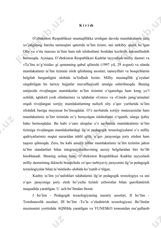 ohida ko’rsatib o’tilgan. kasbiy ta’lim yo’nalishlari talabalarini ilg’or pedagogik texnologiya va uni o’quv jarayoniga joriy etish bo’yicha tizimli axborotlar bilan qurollantirish maqsadida yaratilgan. u uch bo’limdan iborat: i bo’lim - pedagogik texnologiyaning nazariy asoslari, ii bo’lim - testshunoslik asoslari, iii bo’lim -to’la o’zlashtirish texnologiyasi. bo’limlar mazmunini yoritishda aqshda yaratilgan va yunesko tomonidan ma’qullanib 30 ga yaqin rivojlangan mamlakatlar (angliya, yaponiya, janubiy koreya, malaziya va h.k.) ta’lim tizimida muvaffaqiyatli qo’llanilayotgan pedagogik texnologiyaning mohiyati, uning odatdagi o’qitish usullaridan farq qiluvchi jihatlari, o’zbekiston ta’lim tizimiga uni joriy etishning ahamiyati, test topshiriqlari shakllari, ularni tuzish hamda pedagogik texnologiyaning tamoyillari va qoidalari, o’quv materialini to’la o’zlashtirish g’oyasini vujudga kelishi va uning amalga oshirish usullari bayon etilgan. har bir mavzuga oid mustaqil ta’lim uchun topshiriqlar va turli shakldagi nazorat testlari berilgan. tuzilgan test topshiriqlari faqatgina o’zlashtirishni nazorat qilibgina qolmay, balki o’rgatuvchi (o’qituvchi) funksiyani ham bajaradi. chunki, bu test topshiriqlarini yechish jarayonida mavzularni mustaqil ravishda o’zlashtirishga ham …