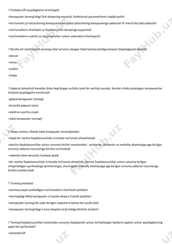? bir nechta tarmoqni ulash quyidagilarni beradi: =o'zaro bog'liqlik =lokal tarmoq =ishchi guruh =server aloqasi ? tarmoq axborot almashinuvining asosiy bo'linmasi bu: =paket =bit =kanal =quti ? kompyuter tarmog'ida quyidagilar bo'lishi shart: =yuzdan ortiq kompyuter =global tarmoq =protokol =www-ga sputnik yordamida bog’lanish ? kompyuter tarmoqlarida ma'lumot uzatish tezligi odatda quyidagicha o'lchanadi: =kilobayt / tugun =bayt / min =bit / sek =km / sek ? mijozlar fayllariga kirishini boshqaruvchi server bu… =proksi-server =pochta serveri =fayl-server =ko’p martabali server ? elektron pochta xabarlarini yuborish va qabul qilish serveri: =server papkasi =qabul qilib jo’natuvchi =fayl =pochta ? tarmoq xabarlari oqimi quyidagilar bilan belgilanadi =bitim bo'yicha =trafiklar =trend =takometr ? masofaviy o'qitish tizimi samaradorligining asosiy tarkibiy qismlarini tanlang =texnik, dasturiy ta'minot, axborot, o'quv-uslubiy, tashkiliy, moliyaviy qo'llab-quvvatlash =o'quv markazi, axborot resurslari, uslubiy va texnik ta'minot, talabalar, o'qituvchilar, maslahatchilar =moliyaviy va texnik dasturiy ta'minot =texnik yordam, o'qituvchilar, talabalar ? google docs xizmati bu . =ikki ishtirokchining …