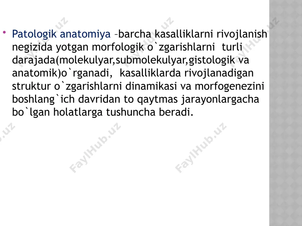 ijtimoiy faktorlar:alkagol,tamaki,narkotik.dorilar infeksion omillar:viruslar,parazitlar,bakteriyalar,zamburug`lar immun reaksiyalar genetik buzilishlar ovqatlanishdagi disbalans hujayrani shikastlanish mexanizmlari to`qimalarga yetarli miqdorda kislarod kelmaganda uning erkin radikallari hosil bo`ladi.bu radikallar lipidlarni pereksli oksidlanishini chaqiradi va o`z navbatida hujayralar shikastlanadi. hujayra shikastlanishida kaltsiy gomeostazi buzilishi muhim rol o`ynaydi. mitoxondriyalar tomonidan priodinnukleotidlarni yo`qotilishi va keyinchalik atf ni kamayishi plazmatik membrana butunligini buzilishiga,hujayra o`limiga olib keladi(ishemik va toksik shikastlanish) plazmatik membrananing tanlab o`tkazuvchanligini erta yo`qolishi. hujayralarning shikastlanish mexanizmlari hujayra shikastlanishining asosiy shakillari: ishemik va gipoksik shikastlanish. erkin radikallar va aktivlangan kislarod tomonidan chaqirilgan shikastlanish toksik shikastlanishning ayrim turlari hujayra nobut bo`lgandan so`ng,uning komponentlarizudlik bilan parchalanadi,hujayra fermentlari hujayra tshqarisiga chiqarilishi kuzatiladi. o`lgan hujayra fosfolipidlardan tuzilgan massaga aylanadi.ular fagotsitozga uchrab yog` kislatalarigacha parchalanadi. fermentlarning hujayradan tashqariga chiqishi va qon zardobiga o`tishi hujayralar o`limini klinik aniqlashga yordam beradi. shunday qilib,hujayralardagi qaytmas o`zgarishlarning asosiy belgilari –bu atf difitsitini yuzaga keltiruvchi mitoxondriyalarni qayta tiklanmasligi,hamda plazmatik membranalarining chuqur jarohatlari ekan. hujayra shikastlanishining morfologiyasi klassik morfologiyada …