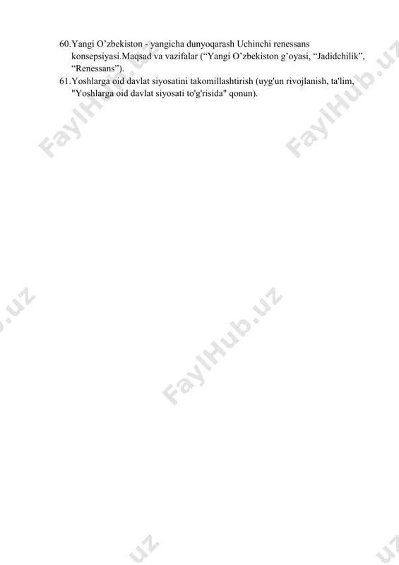 drlar to'dasi”, “o'zbeklar ishi”, “paxta ishi”, farg'onada fojiasi). 50. qoraqalpog’iston respublikasida xalq ta’limi, fan va madaniyatning rivojlanishi.(sobir kamolov,”bioekologiya”,roza kutekeeva,”orol qizlari”). 51. qoraxoniylar davlati, davlat boshqaruvi, ijtimoiy-iqtisodiy ahvol.( qorluq, chig’il va yag’mo, yettisuv va qashqar, «devoni lug’atit turk» hasan xorun bug’raxon, tamg’achxon, iqto, zakot). 52. rivojlanish strategiyasi - bu o'zbekiston milliy rivojlanishining yangi asosidir. (strategiya, taktika, 2017 yil 7 fevral). 53. saylov huquqi erkinligi fuqarolik jamiyatining shartidir. (saylovlar instituti, "markaziy saylov komissiyasi to'g'risida" gi qonun). 54. somoniylar davlaninig tashkil topishi, davlat boshqaruvi, ijtimoiy-iqtisodiy ahvol.( narshaxiyning «buxoro tarixi», somonxudotlar , devon, dargoh, hojib, g’ulom). 55. sovet imperiyasining tanazzulga yuz tutishi. ittifoq shartnomasini yangilash talabi(1990- yil bahori,1991- yil 17-mart, 1991- yil aprel, mdi, 1991 yil avgust voqealari, ). 56. ta’lim sohasidagi islohotlarning yangi bosqichi (2020 yil 23 sentyabr, ta`lim turlari, ta`lim shakllari, maktabgacha ta`lim va tarbiya). 57. temur va temuriylar davrida moddiy va ma’naviy madaniyat ravnaqi.( «dor us-siyodat», mirzo ulug’bek, «dorul-ilm» - samarqand …