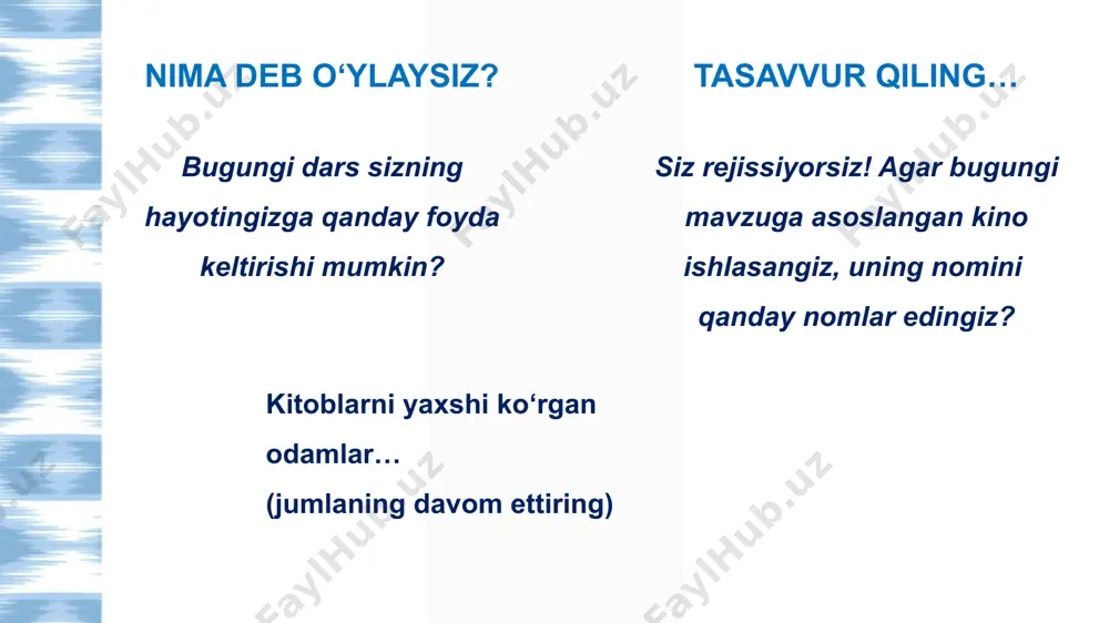 ning intilishlari va his- tuyg‘ularini izohlash orqali javob berish. matndan misollar keltirib, javoblarni asoslash. 12 ma’nosi: bu matnlar o‘quvchini ma’lumot bilan ta’minlash, bilim berish maqsadida yoziladi. xususiyatlari: haqiqiy faktlar va aniq ma’lumotlar bo‘ladi. tashkiliy tuzilma aniq (sarlavhalar, bo‘limlar, punktlar). izohli rasm, jadval, diagrammalar bo‘lishi mumkin. til rassomona emas, balki aniq, sodda bo‘ladi. maqsad — o‘rgatish yoki axborot yetkazish. misollar: maqolalar (ilmiy-ommabop), ensiklopediya sahifalari hisobotlar, qo‘llanmalar axborot matni (informational text) daraja ballar mahorat tavsifi past 400 - 475 matnda keltirilgan dalillarni aniqlash va tasvirlash. kerakli axborotni o‘zida mujassamlashtirgan gapni ajratish. xulosalarni izohlash uchun olingan axborotdan foydalanish. o‘rta 475 – 550 matnda taqdim etilgan axborotga muvofiq xulosa chiqarish. matnning qismlarini tahlil qilish va kerakli axborotni ajratish. yuqori 550 – 625 matnda yashirin berilgan axborotni aniqlash. matndagi alohida gaplar o‘rtasidagi mazmuniy aloqalar asosida xulosalarni ifodalash. matn mazmunini izohlab berish. turli tipdagi matnlardan foydalanish va alohida tavsiflarni belgilash. oliy 625 – 1000 matn qismlaridagi …