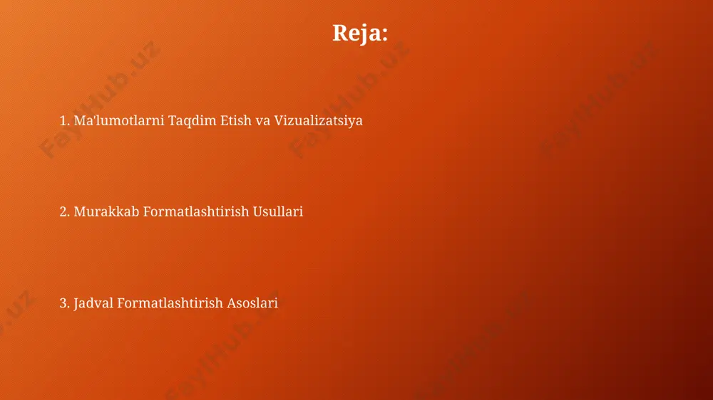 h va jadvalning umumiy estetikasini yaxshilashga erishish mumkin. raqamlarni formatlashda, masalan, valyuta belgisi qo‘shish yoki mingliklarni ajratuvchi nuqta qo‘yish orqali, ma’lumotlarning aniqligi va tushunarliligini oshirish mumkin, bu esa xatoliklar sonini kamaytiradi. e'tiboringiz uchun rahmat @taqdimot_robot image2.png image3.svg image5.png image8.jpg image9.jpg image10.jpg image11.jpg image12.jpg image1.png