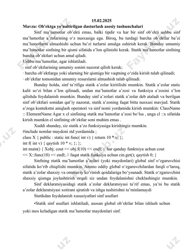 nlari) global sinf o‘zgaruvchisi sifatida ko‘rib chiqilishi mumkin. ammo oddiy global o‘zgaruvchilardan farqli o‘laroq, statik a’zolar shaxsiy va ommaviy ko‘rinish qoidalariga bo‘ysunadi. statik o‘zgaruvchini shaxsiy qismga joylashtirish orqali siz undan foydalanishni cheklashingiz mumkin. sinf deklaratsiyasidagi statik a’zolar deklaratsiyasi ta’rif emas, ya’ni bu statik a’zolar deklaratsiyasi xotirani ajratish va ishga tushirishni ta’minlamaydi statikdan foydalanish xususiyatlari sinf usullari •statik sinf usullari ishlatiladi, asosan global ob’ektlar bilan ishlash uchun yoki mos keladigan statik ma’lumotlar maydonlari sinf. •statik sinf usullaridan foydalanish mumkin emas sinfning statik bo‘lmagan ma’lumotlar a’zolari. •statik sinf usullaridan foydalanish mumkin emas bu ko‘rsatkich, ya’ni. nomidan ob’ektdan foydalaning qaysi funktsiya deyiladi. •statik sinf usullari bo‘lishi mumkin emas virtual va doimiy (inline - mumkin) xatolarni boshqarish vositalari. c++ tilidagi istisnolar c++ da istisnolardan foydalanish tashkil etilgan kalit so‘zlar harakat qilib ko‘ring, ushlang va tashlang. dastur bayonotlari, ularning bajarilishini ta’minlash kerak istisnolardan foydalanish try - catch - blokida ajratilgan. agar try blokida xatolik yuzaga …