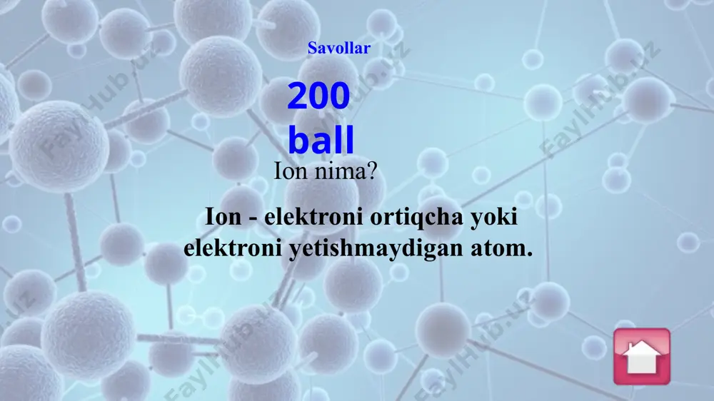 tron va musbat zaryadli ionlarning qo'shilishi natijasida, neytral atomlar hosil bo'lish jarayoni gazlarda zaryadli zarralarning rekombinatsiyasi deb ataladi. 400 ball gazlarda elektr toki savollar nima sababdan havo isitilganda undan elektr toki o'tadi? havo isitilganda neytral atomlar ionlarga aylana boshlaydi, ya'ni ionlashadi. bunda gaz atomlari to’qnashishlari ortib ketadi. 100 ball gaz razryadlari nomustaqil razryad deb nimaga aytiladi? ionizator ta'siri to'xtatilishi bilan to'xtaydigan razryad nomustaqil razryad deb ataladi. 200 ball gaz razryadlari mustaqil razryad deb nimaga aytiladi? ionizator ta'siri to'xtatilganda ham davom etaveradigan razryad mustaqil razryad deb ataladi. 300 ball gaz razryadlari elektr yoy razryadi razryadi qanday hosil bo’ladi? ikkita ko'mir elektrod olib, ularga 40-50 v kuchlanish beraylik. ularning uchlarini bir-biriga tekkizib, biroz uzoqlashtiraylik. bunda elektrodlar uchlari orasida ko'zni qamashtiradigan yarqirash - elektr yoy razryadi hosil bo'ladi. 400 ball gaz razryadlari uchqun razryad qanday hosil bo’ladi? bir-biridan izolatsiyalangan ikkita elektrodni yuqori kuchlanish manbayiga ulaylik. bunda elektrodlardagi kuchlanish ma'lum katta qiymatga yetgada, ular …
