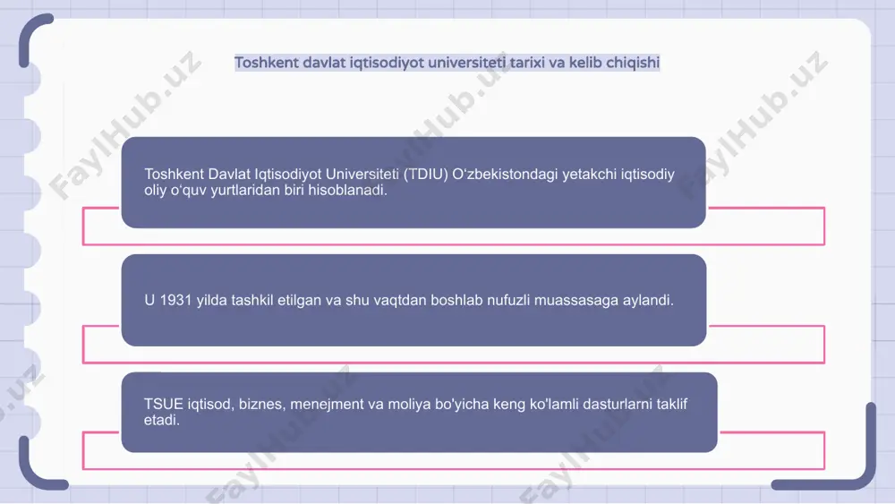 shaxslar uchun ko‘plab martaba imkoniyatlarini taklif etadi. o‘zining yetakchi institut sifatidagi obro‘siga ega bo‘lgan toshkent davlat iqtisodiyot universitetida faoliyat yuritish kasbiy o‘sish va rivojlanish uchun ajoyib zamin yaratadi. universitet jamoasiga qo'shilish ekspertlar va akademiklar bilan hamkorlik qilish, shuningdek, ilg'or tadqiqot va ta'lim resurslariga kirish uchun eshiklarni ochadi. toshkent davlat iqtisodiyot universitetining istiqboldagi rejalari va ishlanmalari toshkent davlat iqtisodiyot universitetida bir qancha istiqbolli rejalar va amalga oshirilayotgan ishlar bor. universitet ta’lim sifatini oshirish va zamonaviy ta’lim muhitini yaratishni maqsad qilgan. muassasa, shuningdek, ilmiy-tadqiqot faoliyatini takomillashtirish va xalqaro universitetlar bilan hamkorlik qilishga e'tibor qaratadi. e'tiboringiz uchun rahmat