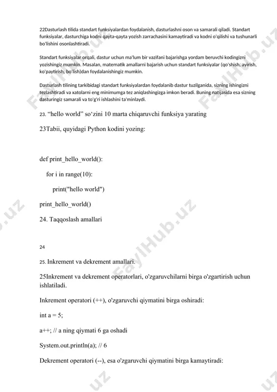 bir harakat bajariladi. misol uchun: x = 10 if x > 5: print("x katta") else: print("x kichik yoki teng") ushbu misolda, agar x ning qiymati 5 dan katta bo'lsa, "x katta" deb chiqadi; aks holda esa "x kichik yoki teng" deb chiqadi. shart operatorining qo'llanish tartibi quyidagicha: if (shart): # agar shart to'g'ri bo'lsa, amalga oshiriladigan kodlar else: # aks holda amalga oshmagan kodlar shunday qilib, "if" va "else" kalit so'zlaridan foydalanib, dasturda belgilangan shartni tekshirishingiz mumkin. 28arifmetik kalkulyator dasturini tuzing 28 men dasturlashni qo'llab-quvvatlash uchun emasman, lekin siz python, java yoki c++ kabi dasturlash tillaridan foydalanib arifmetik kalkulyator dasturini o'zlashtirishingiz mumkin. bu tilalardan birini o'rganib, kalkulyator dasturini tuzish uchun kerakli kodlarni yozishingiz mumkin. agar sizga yordam kerak bo'lsa, menga so'rang va men sizga ko'maklashaman. 29dasturlash tili tarkibidagi standart funksiyalar 29 dasturlash tillarining tarkibida standart funksiyalar, genellikle programlama dilinin sağladığı önceden tanımlanmış ve hazır kullanılabilen işlevlerdir. bu standart fonksiyonlar, çeşitli …