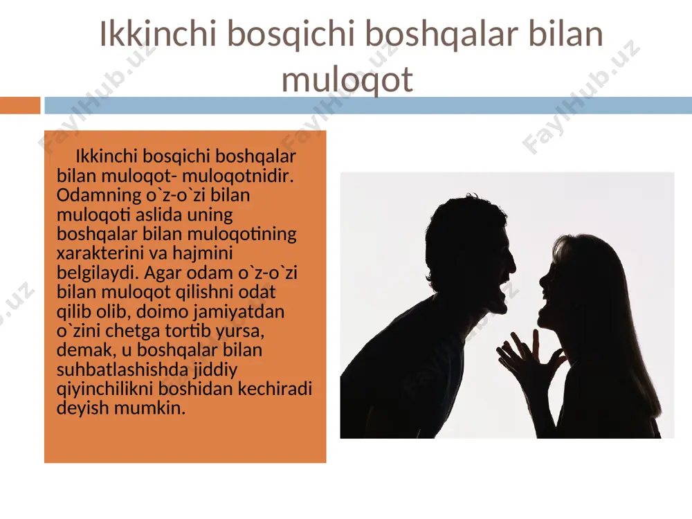`ziga ko`rsatmalar bera oladi»,-deb yozgan edi. ikkinchi bosqichi boshqalar bilan muloqot- muloqotnidir. odamning o`z-o`zi bilan muloqoti aslida uning boshqalar bilan muloqotining xarakterini va hajmini belgilaydi. agar odam o`z-o`zi bilan muloqot qilishni odat qilib olib, doimo jamiyatdan o`zini chetga tortib yursa, demak, u boshqalar bilan suhbatlashishda jiddiy qiyinchilikni boshidan kechiradi deyish mumkin. uchinchi bosqich avlodlar o`rtasidagi muloqot. bu muloqot tufayli har bir jamiyatning o`z madaniyati, madaniy boyliklari, qadriyatlari mavjud bo`ladiki, buning ahamiyatini tushungan insoniyatning eng ilgor vakillari uni doimo keyingi avlodlar uchun saqlab keladilar hamda ta’lim-tarbiya va kundalik muloqot jarayonida uni avloddan-avlodga uzatadilar