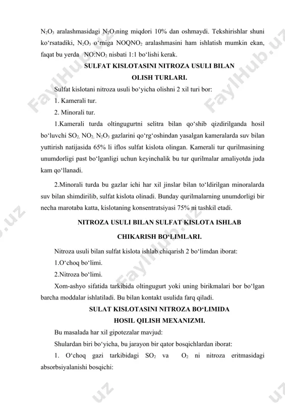 islota turg‘un kislota emas. hno2 sulfit kislota bilan reaksiyaga kirishib, so2 ning oksidlanish jarayoni bosqichi: 2hnq3 o2 q h2sq4o3 h2sq6o4 q 2nq2o q h2o (12) bu reaksiya bo‘yicha maxsuliy sulfat kislota hosil bo‘ladi. 4. azot oksidlarining oksidlanishi bosqichi: а) 2no q o2 2no2 q q13 (13) б) no q no2 n2o3 q q14 (14) 5. hosil bo‘lgan azot oksidlarining sulfat kislota bilan absorbsiyasi bosqichi: n2o3 q 2h2so4 2hnso5 q h2o q q39 (15) bu reaksiyada hnso5 nitrozilsulfat kislota hosil bo‘ladi. sulfat kislotasini nitroza usuli bilan yetti minorali texnologik tizim bo‘yicha ishlab chikarish. amaliyotda yuqoridagi mexanizm bo‘yicha sulfat kislota olish uchun, umuman kamida 3 minora kerak. sulfat kislotani nitroza usuli bilan hosil qilish mexanizmi 1-minorada 1-2-3-bosqich reaksiyasi ketadi. 2-minorada 4-bosqich, 3-minorada 5-bosqich reaksiyasi ketadi. amaliyotda reaksiyalar tuliq ketishi uchun 4, 5, 6, 7 minorali tizimlar qo‘llaniladi. minoralar soni kup bo‘lishi ham yaxshi emas. gazlarni bir minoradan ikkinchisiga o‘tkazish uchun elektr energiyasi …
