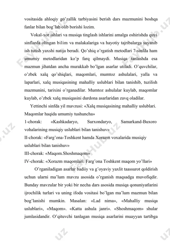 i ijro etib asar haqida qisqa qiziqarli obrazli kirish so’zi, asarning janri mazmuni ifoda vositalari haqida suhbatlar o’tkazishi muhim ro’l o’ynaydi.yetti yillik o’qish davrida, musiqa sohasida ish olib borish natijasida, o’quvchilar musiqa savodxonligiga ega bo’lib, musiqani ongli tahlil qila oladigan, yirik musiqa asarlarini radio va televideniya orqali, musiqa darslarida, kontsertlarda mehr bilan tinglaydigan, badiiy havaskorlik to’garaklarida ishtirok etadigan va musiqani chin dildan sevadigan insonlar bo’lib yetishadilar. adabiyotlar: 1. i.akbarov .«musiqa lug’ati» 2. apraqsina o. «методика музыкального воспитания в школе» m. 1983 3. d.omonullayev. «umumiy ta’lim maktablarida musiqa dasturlari»t.1992 4. gudkova ye.a., vasileva a.b. «ashula dars metodikasi»