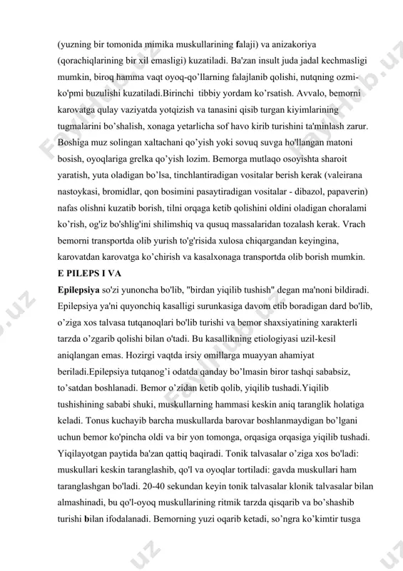 tqanoqlari bo'lib turishi va bemor shaxsiyatining xarakterli tarzda o’zgarib qolishi bilan o'tadi. bu kasallikning etiologiyasi uzil-kesil aniqlangan emas. hozirgi vaqtda irsiy omillarga muayyan ahamiyat beriladi.epilepsiya tutqanog’i odatda qanday bo’lmasin biror tashqi sababsiz, to’satdan boshlanadi. bemor o’zidan ketib qolib, yiqilib tushadi.yiqilib tushishining sababi shuki, muskullarning hammasi keskin aniq taranglik holatiga keladi. tonus kuchayib barcha muskullarda barovar boshlanmaydigan bo’lgani uchun bemor ko'pincha oldi va bir yon tomonga, orqasiga orqasiga yiqilib tushadi. yiqilayotgan paytida ba'zan qattiq baqiradi. tonik talvasalar o’ziga xos bo'ladi: muskullari keskin taranglashib, qo'l va oyoqlar tortiladi: gavda muskullari ham taranglashgan bo'ladi. 20-40 sekundan keyin tonik talvasalar klonik talvasalar bilan almashinadi, bu qo'l-oyoq muskullarining ritmik tarzda qisqarib va bo’shashib turishi bilan ifodalanadi. bemorning yuzi oqarib ketadi, so’ngra ko’kimtir tusga kiradi. ko'z qorachiqlari kengayadi, yorug'likka reaksiya bermaydi. pay reflekslarini hosil qilib bo'lmaydi. og’zidan ko'pik chiqadi, tili yoki lunjining ichki yuzasini ho’llab olgani uchun bu ko'pik qon aralash bo'ladi. aksari odam, g’ayri-ixtiyoriy suratda …