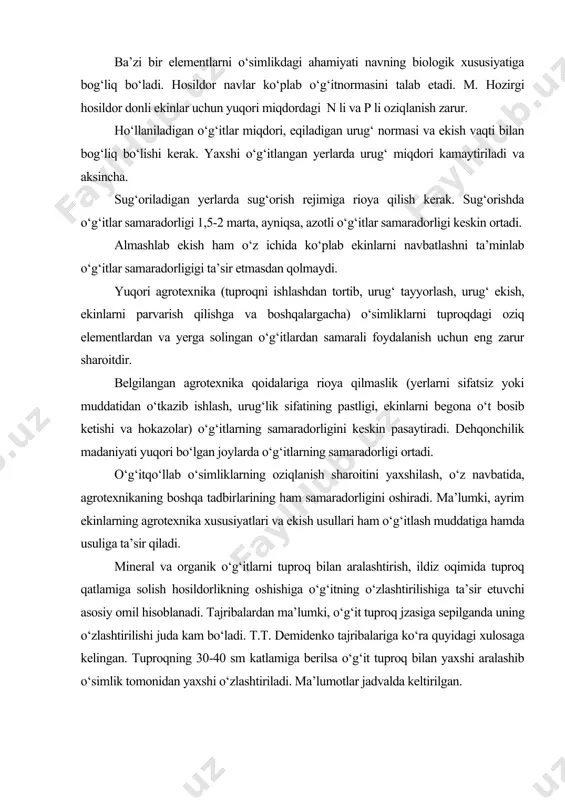 rning oziqlanish sharoitini yaxshilash, o‘z navbatida, agrotexnikaning boshqa tadbirlarining ham samaradorligini oshiradi. ma’lumki, ayrim ekinlarning agrotexnika xususiyatlari va ekish usullari ham o‘g‘itlash muddatiga hamda usuliga ta’sir qiladi. mineral va organik o‘g‘itlarni tuproq bilan aralashtirish, ildiz oqimida tuproq qatlamiga solish hosildorlikning oshishiga o‘g‘itning o‘zlashtirilishiga ta’sir etuvchi asosiy omil hisoblanadi. tajribalardan ma’lumki, o‘g‘it tuproq jzasiga sepilganda uning o‘zlashtirilishi juda kam bo‘ladi. t.t. demidenko tajribalariga ko‘ra quyidagi xulosaga kelingan. tuproqning 30-40 sm katlamiga berilsa o‘g‘it tuproq bilan yaxshi aralashib o‘simlik tomonidan yaxshi o‘zlashtiriladi. ma’lumotlar jadvalda keltirilgan. o‘g‘it berish chuqurligining qandlavlagi va kungaboqar hosildorligiga va hosil sifatiga ta’siri. (t.t. demidenko ma’lumoti.) o‘g‘itlash chuqurligi,sm qand lavlagi kungaboqar bir o‘simlikning barcha ildizi qand,% zararli azot,% bir o‘simlikdan quruqmodda hosildorligi,gr bir o‘simlikdan urug‘ hosili mag‘zining moydorligi, gr % % gr % 0-25 3432 100 16,72 0,048 107,3 28,3 100 53,0 10 3736 112 16,6 0,049 105,4 24,3 85,7 53,2 20 4468 130 16,1 0,051 108,9 32,7 115,3 …