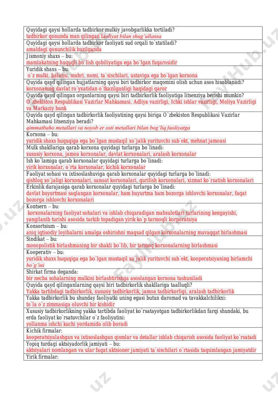 shart-sharoitlarga tez ko`nikma hosil qilish, tezlik bilan moddiy yutuqqa erishish imkoniyati quyida qayd qilingan javoblarning qaysi biri kichik biznes va xususiy tadbirkorlikning kamchiliklariga taalluqli? mehnat resurslarining kamroq jalb qilinishi o`zbekiston respublikasi qonunlariga ko`ra sanoat va qurilishda kichik korxonalar turkumiga odatda hisobot davrida ulardagi xodimlarning o`rtacha soni quyidagi chegaradan oshmagan korxonalar kiradi: 50 nafargacha o`zbekiston respublikasi qonunlariga ko`ra noishlab chiqarish sohasida kichik korxonalar turkumiga odatda hisobot davrida ulardagi hodimlarning o`rtacha soni quyidagi chegaradan oshmagan korxonalar kiradi: 10 nafargacha o`zbekiston respublikasi qonunlariga ko`ra chakana savdoda kichik korxonalar turkumiga odatda hisobot davrida ulardagi xodimlarning o`rtacha soni quyidagi chegaradan oshmagan korxonalar kiradi: 10 nafargacha quyidagi qaysi hollarda tadbirkor mulkiy javobgarlikka tortiladi? tadbirkor qonunda man qilingan faoliyat bilan shug’ullansa quyidagi qaysi hollarda tadbirkor faoliyati sud orqali to`xtatiladi? amaldagi qonunchilik buzilganda jismoniy shaxs – bu: mamlakatning huquqli bo`lish qobiliyatiga ega bo`lgan fuqarosidir yuridik shaxs – bu: o`z mulki, balansi, muhri, nomi, ta`sischilari, ustaviga ega bo`lgan korxona …