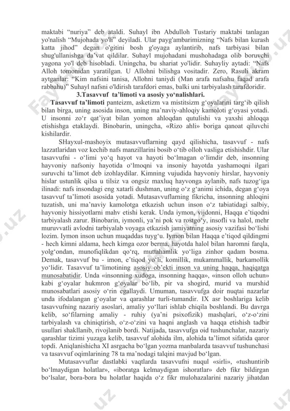 . bir soatlik tafakkur ikki olam ibodatidan yaxshidir (tafakkuri soatin xayrun min ibadatis saqalayn)” zunnun misriy (vaf.859) tasaw uf haqida ilk asar yozib, tasavvufning hoi va maqomlarini tasniflab bergan olimdir. uning tafakkuri robiya adaviya g'oyalari ta’sirida shakllangan. uning fikricha, allohni sevish mezoni — muhammad alayhissalomning sunnatiga astoydil amal qilish orqali axloqni yuksaltirishdir. alloh va inson o'rtasida ikki tomonlama ilohiy muhabbat yotadi. bu ishq vositasida inson allohga erisha oladi. unga erishgan inson o'zining ilohiy zotda g'arq bo'lganini, sodda qilib aytganda, o'zining ilohiylashganini his etadi. u oddiy musulmonlar, mutakallimlar, faylasuflar va valiylar, ya’ni sufiylaiga xos bo'lgan bilimlar darajasi haqida gapirib, eng a’losi valiylarga xos bilim ekanligini va aynan shulargina allohni haqiqiy ma’noda bila olishi mumkinligini isbotlashga harakat qiladi. ammo uning fikrlari mutakallimlar tomonidan keskin qoralandi. o'sha davr mashhur sufiy mutafakkirlaridan yana biri boyazid bistomiydir (vaf.874). u fiqh olimi edi. robiya adaviya va uning izdoshlari g'oyalari ta’sirida tasawufga qattiq berilib, bu sohada ulkan …