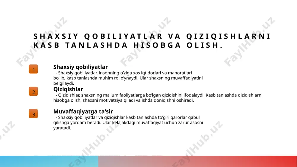 shaxsiy qobiliyatlar va bozor talablarini tahlil qilish, kasb tanlashda muhim omil hisoblanadi. ma'lumotlarni to'g'ri tahlil qilish, muvaffaqiyatli kasb yo'nalishlarini aniqlashga yordam beradi. 3 madaniyat va qonuniy jihatlar madaniyat va qonuniy talablarni hisobga olish kasb tanlash jarayonida muhimdir. ular shaxsning kasbga bo'lgan munosabatini va kelajakdagi muvaffaqiyatini belgilaydi. foydalanilgan adabiyotlar 1. tashkent state university of economics. kasb tanlash jarayoni: nazariya va amaliyot. tashkent, 2021. 2. abdullaeva, m. t. kasb yo'nalishlari va ularni aniqlash usullari. journal of vocational education, 2022. 3. yusupov, r. r. qonuniy va madaniy jihatlar: kasb tanlashda ahamiyati. uzbekistan education review, 2020. 4. karimova, d. a. kasb yo'nalishlariga yo'naltirish: muammolar va yechimlar. international conference on career guidance, 2023. 5. mukhsinov, a. f. kasb tanlash va professional rivojlanish. tashkent, 2022. e'tiboringiz uchun rahmat! /docprops/thumbnail.jpeg