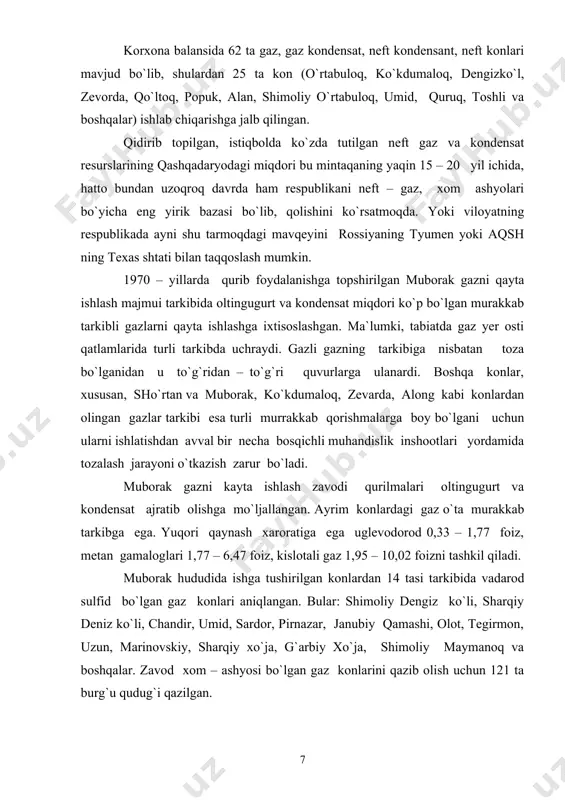 rni qayta ishlashga ixtisoslashgan. ma`lumki, tabiatda gaz yer osti qatlamlarida turli tarkibda uchraydi. gazli gazning tarkibiga nisbatan toza bо`lganidan u tо`g`ridan – tо`g`ri quvurlarga ulanardi. boshqa konlar, xususan, shо`rtan va muborak, kо`kdumaloq, zevarda, along kabi konlardan olingan gazlar tarkibi esa turli murrakkab qorishmalarga boy bо`lgani uchun ularni ishlatishdan avval bir necha bosqichli muhandislik inshootlari yordamida tozalash jarayoni о`tkazish zarur bо`ladi. muborak gazni kayta ishlash zavodi qurilmalari oltingugurt va kondensat ajratib olishga mо`ljallangan. ayrim konlardagi gaz о`ta murakkab tarkibga ega. yuqori qaynash xaroratiga ega uglevodorod 0,33 – 1,77 foiz, metan gamaloglari 1,77 – 6,47 foiz, kislotali gaz 1,95 – 10,02 foizni tashkil qiladi. muborak hududida ishga tushirilgan konlardan 14 tasi tarkibida vadarod sulfid bо`lgan gaz konlari aniqlangan. bular: shimoliy dengiz kо`li, sharqiy deniz kо`li, chandir, umid, sardor, pirnazar, janubiy qamashi, olot, tegirmon, uzun, marinovskiy, sharqiy xо`ja, g`arbiy xо`ja, shimoliy maymanoq va boshqalar. zavod xom – ashyosi bо`lgan gaz konlarini qazib olish …