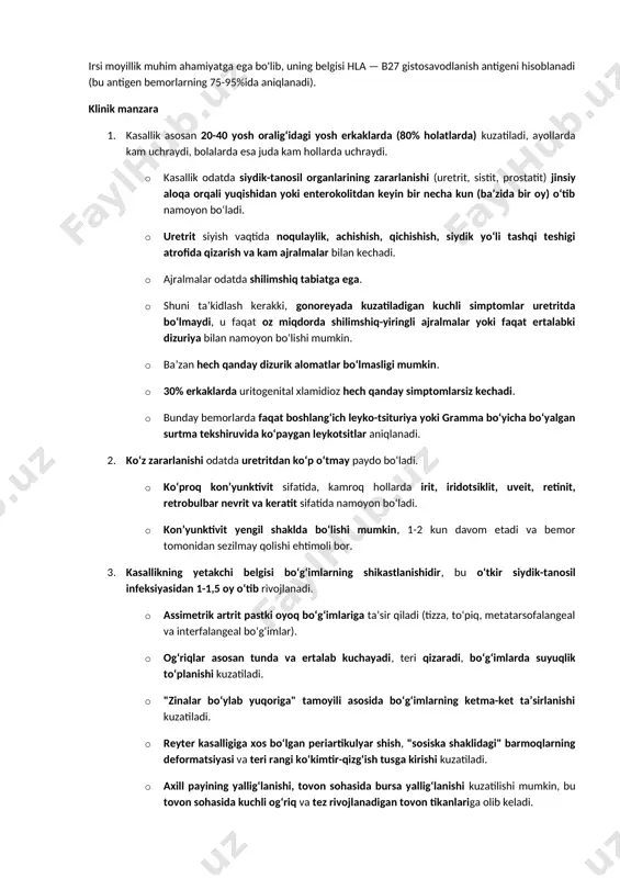 , bo‘g‘imlar (reaktiv oligo- yoki monoartrit) va ko‘zlar (kon’yunktivit)**ning bir vaqtda yoki ketma-ket yallig‘lanishi. etiologiya eng ko‘p uchraydigan qo‘zg‘atuvchi – gram-manfiy bakteriya chlamydia trachomatis. xlamidiyalar – majburiy ichki hujayra parazitlari bo‘lib, 250-300 nm o‘lchamga ega. noqulay sharoitlarda (antibiotiklar, kimyoviy preparatlar va boshqalar ta'sirida) xlamidiyalar l-shaklga o'tishi mumkin, bu ularning antigenlik xususiyatlarini kamaytiradi, immunokompetent hujayralarni kamroq qo'zg'atadi va uzoq muddatli hujayra ichidagi parazitlikka imkon beradi. bularning barchasi infeksiyaning surunkali kechishiga yordam beradi. bu erkaklarda no-gonokokk uretritlarining 60% holatlarida sabab bo'lgan eng keng tarqalgan jinsiy yo'l bilan yuqadigan infeksiyadir. xlamidiyali uretritlar qaytalanuvchi yoki surunkali kechishga ega. ayollarda xlamidiyalar surunkali servitsit, salpingit, adneksit va sistitni keltirib chiqaradi. ushbu kasalliklardan aziyat chekayotgan ayollar xlamidiyalar tashuvchisi bo'lib, o'zlari kamdan-kam hollarda urogenital artrit bilan kasallanadilar. chlamydia trachomatis jinsiy va no-jinsiy (maishiy) yo'llar bilan yuqadi va uretra, kon'yunktiva epiteliyasi hamda sinovial hujayralar sitoplazmasida hujayra ichida aniqlanadi. reyter sindromi shigellalar, salmonellalar, iersiniyalar tomonidan chaqirilishi va o'tkazilgan enterokolitdan keyin …