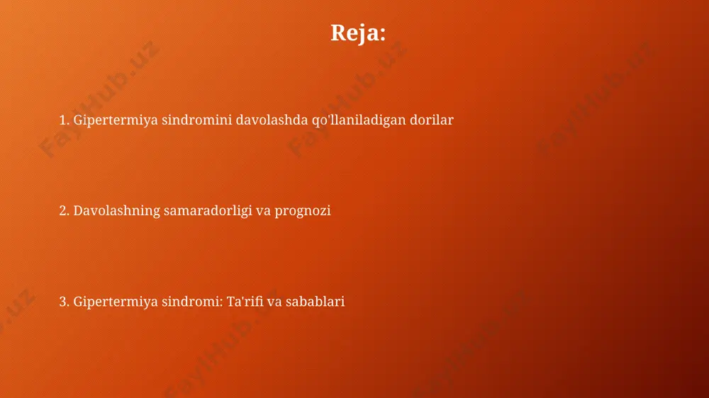 shu bilan tana haroratini pasaytirishga yordam beradi, odatda 2,5 mg/kg dan boshlanadi. gipertermiya sindromining diagnostikasi elektromiografiya (emg) mushaklarning shikastlanish darajasini aniqlash va gipertermiya sindromining og'irligini baholashda yordam beradi, lekin har doim ham qo'llanilmaydi. qon tahlillari, jumladan, kreatin kinaz (kk) darajasi o'sishini aniqlash, gipertermiya sindromining og'irligini baholashda muhim ahamiyatga ega, odatda 5000 iu/l dan yuqori. dori vositalari bilan davolash: benzodiazepinlar gipertermiya sindromida benzodiazepinlarning qo'llanilishi, nafas olish va yurak faoliyatini kuzatishni talab qiladi, chunki yuqori dozalarda nafas depressiyasi va qon bosimining pasayishi kuzatilishi mumkin. benzodiazepinlar, masalan, midazolam, mushaklarning spazmini kamaytirish va bemorning qo'zg'aluvchanligini pasaytirish orqali gipertermiya sindromida 5-10 mg/kg dozalarida qo'llaniladi. dori vositalari bilan davolash: mushak gevşetici vositalar dantrolen natriy – bu gipertermiya sindromida ishlatiladigan asosiy mushak gevşetish vositasidir; uning samaradorligi dozaga bog‘liq bo‘lib, odatda 2,5 mg/kg dan boshlanadi. gipertermiya sindromida mushak gevşetish vositalarining qo‘llanilishi, bemorning yurak-qon tomir tizimining holatini nazorat qilishni talab qiladi, chunki bu vositalar yurak ritmini sekinlashtirishi mumkin. gipertermiya …