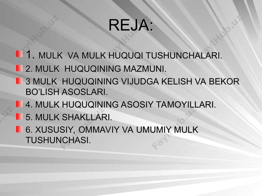 ing olib qo’yilishi orqali mulk huquqining bekor bo’lishi. mulk huquining asosiy tamoyillari. 1. o’zbekiston respublikasida mulk daxlsiz , mulkdorning mulkiy huquqi qonun bilan kafolatlanadi va mulkdor bu huquqlardan faqat qonunda nazarda tutilgan hollarda mahrum etilishi mumkin; 2. iqtisodiyot samarali amal qilishiga va zalq farovonligining o’sishiga yordam beradigan har qanday shakldagi mulkchilik bo’lishiga ruxsat beriladi; 3. mulkchilikning hamma shakllari himoya qilinishi qonun bilan kafolatlanadi va ularning teng rivojalnishiga sharoit yaratib beriladi; 4. mulkdor o’z mol-mulkiga nisbatan qonunga zid bo’lmagan har qanday xati-harakatlarni o’z xohishiga ko’ra sodir etishga haqli; 5. mulkiy huquqning amalga oshirilishi atrof-muhitga zarar yetkazmasligi fuqarolar, korxonalar, tashkilotlar huquqlarini buzmasligi hamda qonun bilan qo’riqlanadigan manfaatlarga putur yetkazmaslgi shart; 6. har kim mulkdor bo’lishga haqli. mulk shakllari. o’zbekiston respublikasi fk ning 167-moddasiga asosan o’zbekiston respunlikasida mulkchilikning quyidagi shakllari mavjud: 1) xususiy mulk 2) ommaviy mulk o’z navbatida xususiy mulk shakli quyidagi ko’rinishlarda namoyon bo’ladi: a) yakka shaxsga tegishli mulk b) nodavlat …