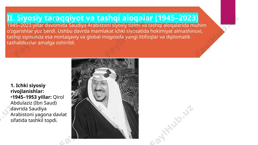 strategik rejasidir.​ neftdan tashqari sektorlar: dastur doirasida turizm, sanoat, texnologiya va xizmatlar kabi neftdan tashqari sektorlar rivojlantirilmoqda.​ yashil energiya: saudiya arabistoni 2030 yilga qadar 130 gw qayta tiklanuvchi energiya quvvatini ishlab chiqarishni rejalashtirmoqda. 3. moliyaviy strategiyalar: jamoat investitsiya jamg‘armasi (pif): pif saudiya arabistonining iqtisodiy diversifikatsiya qilishdagi asosiy vositalaridan biri bo‘lib, mamlakatning global investitsiya portfelini boshqaradi.​ qarz olish: neft narxlarining pasayishi sababli, saudiya arabistoni katta miqdorda qarz olishga majbur bo‘ldi, bu esa davlat qarzining oshishiga olib keldi. iii. ijtimoiy islohotlar va madaniy o‘zgarishlar (1945–2023) 1945–2023 yillar davomida saudiya arabistonida ijtimoiy va madaniy sohalarda sezilarli islohotlar amalga oshirildi. bu o‘zgarishlar mamlakatning zamonaviylashuvi va global miqyosdagi integratsiyasiga xizmat qildi.​ 1. ayollar huquqlari va ijtimoiy islohotlar: haydash huquqi: 2018 yilda ayollarga haydash huquqi berildi, bu esa mamlakatda ayollarning jamiyatdagi o‘rnini mustahkamladi. ta'lim va ishga joylashish: ayollarga oliy ta'lim olish va ishga joylashish imkoniyatlari kengaydi. 2019 yilda ayollarni o‘qitish uchun erkaklar maktablariga o‘qituvchi sifatida tayinlashga …