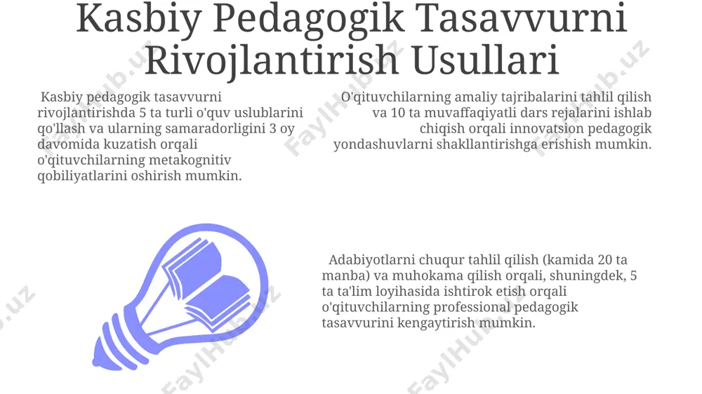 ashga yordam beradi. pedagogik tasavvur va innovatsiyalarni birlashtirish, o‘quv muassasalarining 15% gacha samaradorligini oshirib, ta'lim sifatini va o‘quvchilarning akademik natijalarini yaxshilashga olib keladi. innovatsiyalar, masalan, gamifikatsiya va loyiha asosidagi ta'lim, o'quvchilarning 5 ta bilim sohasida (matematika, til, fan, san'at, jismoniy tarbiya) bilim va ko‘nikmalarini chuqurroq o‘zlashtirishiga yordam beradi. kasbiy pedagogik tasavvur va o'qituvchining rolini o'zgarishi o'qituvchining roli bilvosita nazoratdan faol hamkorlikka, ya'ni 50% dan ortiq vaqtni o'quvchilar bilan interaktiv ishlarga bag'ishlashga o'zgaradi. kasbiy pedagogik tasavvur o'qituvchini 21-asr ko'nikmalariga ega bo'lgan, 30% dan ortiq mustaqil fikrlashga qodir shaxs sifatida shakllantiradi. samarali pedagogik tasavvur o'quv jarayonini 15% ga tezlashtirib, o'quv natijalarini 20% ga oshirish imkonini beradi. kasbiy pedagogik tasavvur va kelajak kasbiy pedagogik tasavvurga ega bo'lgan o'qituvchilar o'quv jarayonini 15% ga samaraliroq qilib, o'quvchilarning bilim olish darajasini va faol ishtirokini oshiradi. kelajakdagi ta'lim tizimining 60% muvaffaqiyati kasbiy pedagogik tasavvurga, innovatsion pedagogik yondashuvlarga va o'quvchilarning individual ehtiyojlarini hisobga olishga bog'liq. kasbiy pedagogik tasavvur …