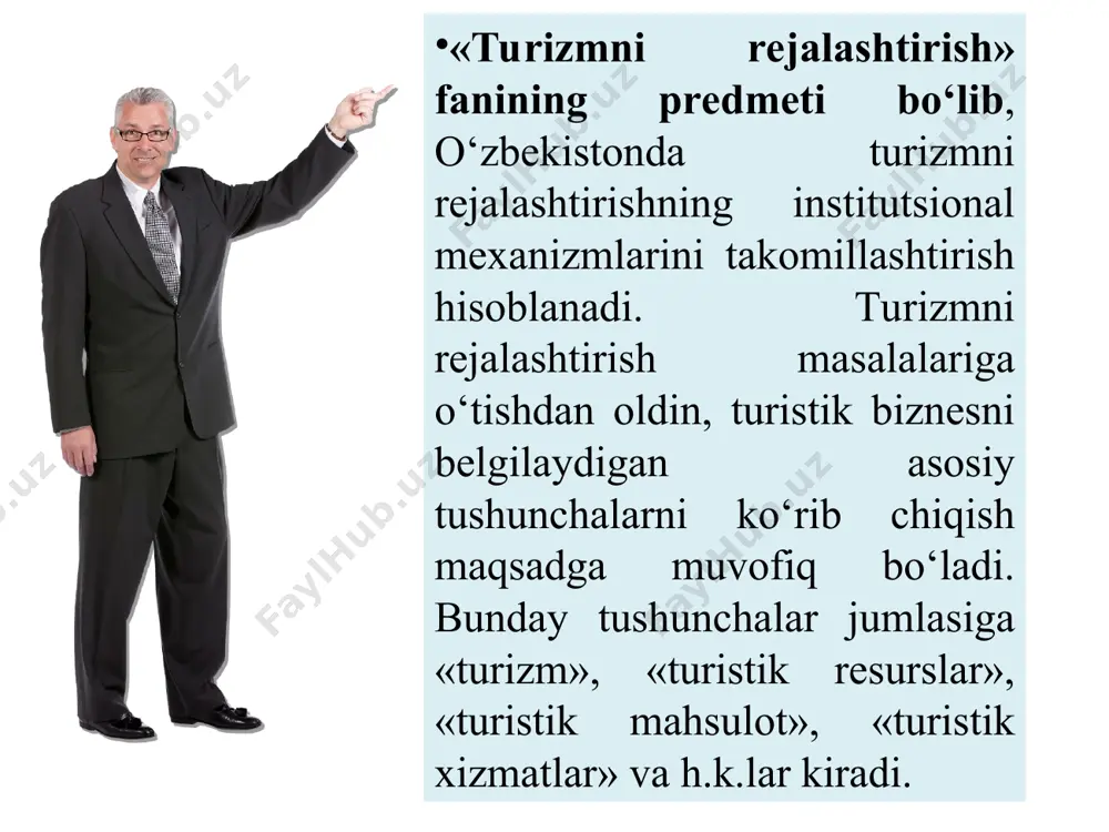 an va ijtimoiy fondlar-dan homiy tashkilotlar, davlat va xususiy jamg‘armalar tomonidan moliyalashtiriladi 8 tashkil qilish va xizmat ko‘rsatish bu faoliyat turli xil turistik korxonalar va xizmat ko‘rsatish sohalari bilan bog‘liq tarmoklar tomonidan amalga oshiriladi. tashkil qilish homiy tashkilotlar, davlat va xususiy jamg‘armalar tomonidan amalga oshiriladi, sayohlarga xizmat ko‘rsatish esa bevosita o‘zi tomonidan amalga oshiriladi. 9 yashash foliyatiga ta’siri turistning sayohatga borib kelishi yashash faoliyatiga bevosita ta’sir qilmaydi. sayyohat sayohatchi uchun kasbi yoki kun ko‘rish manbai, turmush tarzi bo‘lib xizmat qiladi. bu tushuncha o‘z tarkibiga quyidagilarni qamrab oladi: 1. xizmat iste’molchilari va ijro etuvchilarning o‘zaro ta’siri; 2. ijrochilarning o‘zlari tamonidan xizmat ko‘rsatish jarayoni (ya’ni, ma’lum ishlarni bajarish); 3. «qayta tashkil qilingan mahsulot» yoki «xizmatlar natijasi» ko‘rinishidagi ushbu faoliyat natijalari. turistik xizmat – turistlarni mos ravishdagi ehtiyojlarini qondirish bo‘yicha turistik korxona faoliyati natijasi hisoblanadi. turistik korxonaning ishi barcha sayohatlarni tashkil qilish bilan birga alohida xizmatlarni tashkil qilishi ham mumkin. ko‘pgina holatlarda turistik …