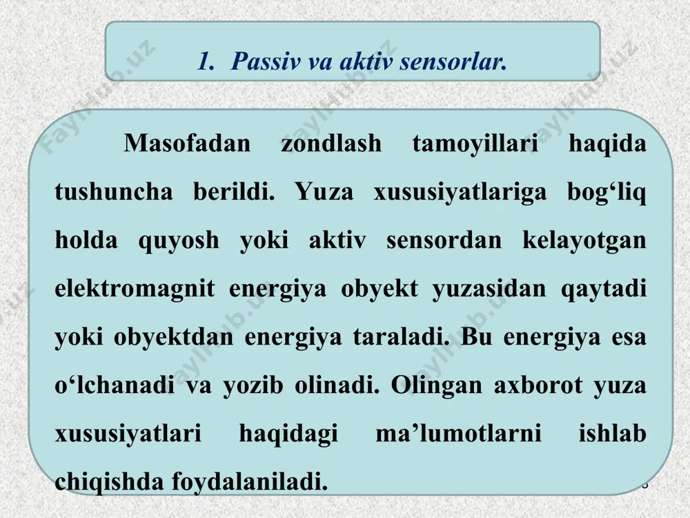 . * havodan masofadan zondlash ish talablari va byudjet imkoniyatiga bog‘liq holda turli xil samolyotlar yordamida amalga oshiriladi. samolyotning tezligi 140– 600 km/soatgacha bo‘ladi va o‘rnatilgan sensor tizimi bilan bog‘liq. olingan masofadan zondlash ma’lumotlarining geometrik xususiyatlariga balandlik bilan bir qatorda samolyotning yo‘nalishi ham ta’sir etadi. samolyotning yo‘nalishiga shamol ham ta’sir ko‘rsatadi va uchuvchi tomonidan bu ta’sir qaysidir darajada tuzatilishi mumkin. 3. havodan masofadan zondlash. * * nazorat savollari. 1. sensor nimalardan tashkil topgan? 2. passiv masofadan zondlash nima? 3. aktiv masofadan zondlash nima? 4. masofadan zondlash platformalariga nimalar kiradi? * e’tiboringiz rahmat!