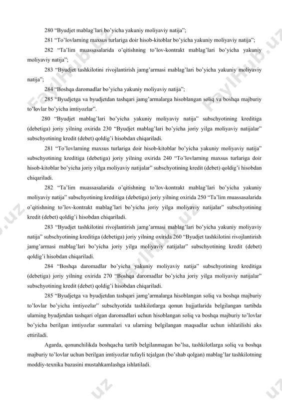 byudjet mablag’lari bo’yicha yakuniy moliyaviy natija”; 281 “to’lovlarning maxsus turlariga doir hisob-kitoblar bo’yicha yakuniy moliyaviy natija”; 282 “ta’lim muassasalarida o’qitishning to’lov-kontrakt mablag’lari bo’yicha yakuniy moliyaviy natija”; 283 “byudjet tashkilotini rivojlantirish jamg’armasi mablag’lari bo’yicha yakuniy moliyaviy natija”; 284 “boshqa daromadlar bo’yicha yakuniy moliyaviy natija”; 285 “byudjetga va byudjetdan tashqari jamg’armalarga hisoblangan soliq va boshqa majburiy to’lovlar bo’yicha imtiyozlar”. 280 “byudjet mablag’lari bo’yicha yakuniy moliyaviy natija” subschyotining kreditiga (debetiga) joriy yilning oxirida 230 “byudjet mablag’lari bo’yicha joriy yilga moliyaviy natijalar” subschyotining kredit (debet) qoldig’i hisobdan chiqariladi. 281 “to’lovlarning maxsus turlariga doir hisob-kitoblar bo’yicha yakuniy moliyaviy natija” subschyotining kreditiga (debetiga) joriy yilning oxirida 240 “to’lovlarning maxsus turlariga doir hisob-kitoblar bo’yicha joriy yilga moliyaviy natijalar” subschyotining kredit (debet) qoldig’i hisobdan chiqariladi. 282 “ta’lim muassasalarida o’qitishning to’lov-kontrakt mablag’lari bo’yicha yakuniy moliyaviy natija” subschyotining kreditiga (debetiga) joriy yilning oxirida 250 “ta’lim muassasalarida o’qitishning to’lov-kontrakt mablag’lari bo’yicha joriy yilga moliyaviy natijalar” subschyotining kredit (debet) qoldig’i hisobdan chiqariladi. …