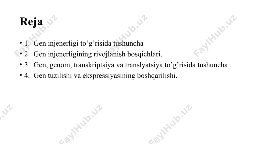 interferon leykotsitlar sintez qiluvchi toza, tabiiy interferon hisoblanadi, β- va γ-interferonlar esa modifikatsiyalashtirilgan, ya’ni toza interferonga fermentlar ta’sir ettirish natijasida qand qoldiqlari birikmasi kiritilgan. bakteriya hujayralari bunday moddalarni sintez qila olmaydi, shuning uchun odam geni ko’chirib o’tkazilgan bakteriya shtammlari β- va γ-interferon oqsili molekulasini sintez qilish xususiyatiga ega. shunday usullar yordamida hozirgi vaqtda 20 % gacha interferonga bo’lgan talab qondirilmoqda. 1982 yildan buyon α- interferon oqsilini ham sanoat asosida ishlab chiqarish yo’lga qo’yildi (aqsh ning “eli-lilli” firmasi), hozirgi kunda dunyoning ko’p mamlakatlari, sh.j. rossiyada ham bu mahsulot sanoat asosida ishlab chiqarilmoqda. bu oqsil tipi leykomiya, teri raki, kon’yuktivit kabi kasalliklarni davolashda qo’llanilmoqda. biotexnologiya fani, shu jumladan mazkur fanning istiqbolli yo’nalishlaridan hisoblangan gen injenerligi biologiya fanlari ichida eng yosh sohalardan hisoblanadi. genetik injeneriya sohasida olib borilgan dastlabki tadqiqotlar xromosomalar sonini kariotipda sun’iy ravishda ma’lum miqdorda oshirish yoki kamaytirish bilan bog’liq. bunga misol qilib n.p.dubininning (1934y) meva pashshasi ustida o’tkazilgan tajribalarini ko’rsatish …