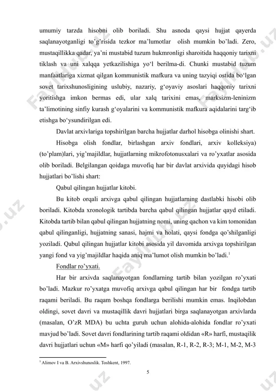’majildlar ro’yxati – bu arxiv ma’lumotnomasi bo’lib, unda arxiv fondidagi hujjatlarning sarlavhasi, tarkibi va mazmunini aks ettiriladi. yig’majildlarga ilova qilinadigan ularning ichki ro’yxati (mundarijasi). fondlar tavsifnomasi. har bir fondning tarixi va ahvoli haqida ma’lumot beruvchi hujjat. arxiv pasporti (shahodatnomasi). har yilning boshida tuzilib, arhiv haqida hartomonlama ma’lumot beruvchi hisobotnoma. unda arxivda saqlanayotgan hujjatlarning hajmi, ularni saqlash sharoitlari to’g’risida, arxivdagi kadrlar haqida ma’lumot beriladi. shahodatnomaning 2-bo’limida arxivdagi fondlar, ularda saqlanayotgan yig’majildlar miqdori haqida hamda boshqa ma’lumotlar bo’lishi mumkin. arxiv materiallarining hisobi faqat arxivning o’zida emas, balki viloyat arxiv bo’limlarida hamda respublika bosh arxiv boshqarmasida ham olib boriladi. ular arxivlar tayyorlab bergan fond kartochkalari asosida fondlar katalogini tuzadilar. fond kartochkasi – bu fond varag’ining qisqartirilgan variantidir. idoraviy arxivlarda fondlar va yig’majildlar hisobi olib boriladi. asosiy hisob hujjatlari – bu yig’majildlar ro’yxati, fondlar ro’yxati, fondlar varaqalari, arxiv shahodatnomasi hisoblanadi. bular orasida yig’majildlar ro’yxati asosiy o’rin egallaydi. bu ro’yxat doimiy va vaqtincha saqlanadigan hujjatlar …