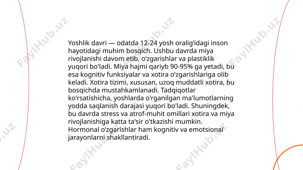 i 10-15 daqiqa davomida bunday mashq qilish xotiraning mustahkamlanishiga yordam beradi. xotira va diqqatni rivojlantirish uchun maxsus mobil ilovalar ham mavjud. ... t.me/slaydai_bot hotirani yaxshilash uchun ushbu maslahatlar foydali bo‘lishi mumkin: 1. muntazam ravishda fotokarta yoki diqqatni talab qiluvchi o‘yinlar o‘ynash orqali miyani mashq qildiring. 2. har kuni yetarli miqdorda suv iching va sog‘lom ovqatlaning, ayniqsa omega-3 yog‘ kislotalari va antioksidantlarga boy mahsulotlar iste’mol qilish muhimdir. 3. kamida 7-8 soat uxlash orqali miyani dam oldirishga imkon bering. 4. stress darajasini pasaytirish uchun meditatsiya yoki chuqur nafas olish mashqlarini bajaring. 5. ijtimoiy faoliyatlar bilan shug‘ullanish orqali miya faoliyatini rag‘batlantiring. 6. yangi ko‘nikmalar o‘rganing yoki yangi til o‘qing. 7. muntazam jismoniy mashqlar qiling, bu miyaga kislorod oqimini yaxshilaydi. ... t.me/slaydai_bot 10. yosh kattalashgan sayin xotirada yuz beradigan o'zgarishlar yosh kattalashgan sayin, inson xotirasida turli o'zgarishlar kuzatiladi. taxminan 60 yoshlikdan boshlanadigan bu jarayon normal qarishning bir qismi hisoblanadi. miya hujayralari soni asta-sekin kamayishi …