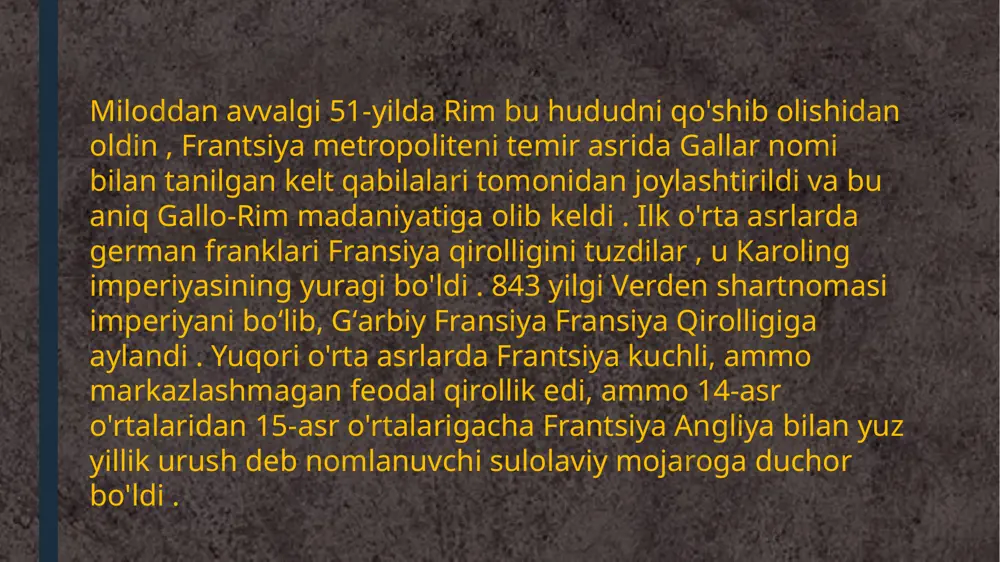 ach qishki ta'tillar - fevral va mart oylarida ikki hafta bahor (pasxa) - aprel va may oylarida ikki hafta yoz - iyul va avgust oylarida ikki oy. 1 may - mehnat kuni - vodiy zambaklar bir-biriga berish odat tusiga kiradi . pasxa bayrami moris orange - raqs zamonaviy frantsiya ko'p asrlik davlat qurilishi va bir qator tarixiy viloyatlar va xorijdagi mustamlakalarni o'z geografik va siyosiy tuzilishiga qo'shib olish natijasidir. bu hududlarning barchasi moda, diniy marosimlar , mintaqaviy til va urg'u , oila tuzilishi, oshxonasi , dam olish faoliyati, sanoat, shu jumladan vino quyishning oddiy usuli va boshqalarda o'ziga xos madaniy va til an'analari bilan rivojlangan foydalanilgan adabiyotlar: patrik rambourg, histoire de la cuisine va de la gastronomie françaises , parij, ed. perrin (koll. tempus n° 359), 2010, 381 bet. isbn 978-2-262-03318-7 brayan nyuman, " fransuz menyusi ortida to‘qqizinchi san’at. frantsuz tilidagi komikslar" / " xayol olami " № 109, 2012 …