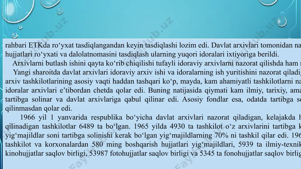 shaxsiy tarkib hujjatlarini saqlashni ta’minlashda va tuman, shaharlarda arxiv ishini umumiy ahvolini yaxshilashda, fuqarolarga arxiv ma’lumotnomalari berishda muhim ahamiyatga ega bo‘ldi. davlat arxivlari tashkilotlarda ish yuritishni takomillashtirishga qaratilgan amaliy natija beradigan tadbirlar o‘tkazdi. tashkilotda ish yuritishni tashkil qilinganligi darajasi to‘g‘risida fikr yurgizishga asos bo‘ladigan asosiy ko‘rsatkichlar, bular ish yuritish bo‘yicha yo‘riqnomani, yig‘majildlar nomenklaturasini borligi hisoblanadi. 1980 yilda respublikada davlat arxivlari nazoratidagi 8733 ta tashkilotdan 3472 (40%)tasida ish yuritish bo‘yicha yo‘riqnoma, 85%da yig‘majildlar nomenklaturasi mavjud edi. 1986 yildan boshlab respublika davlat arxivlari tashkilotlarda idoraviy arxiv va ish yuritishni tashkil qilinishini, tekshirishni odatda idoraviy tizimlar bo‘yicha kompleks tarzda amalga oshirdilar. 1986 yilda o‘zbekiston qishloq xo‘jalik mashinasozlik vazirligi va o‘zbekiston kinematografiya davlat qo‘mitasi tizimlari, 1987 yilda o‘zbekiston maorif vazirligi tizimi, 1988 yilda o‘zbekiston teleko‘rsatuvlar, radioeshitirishlar davlat qo‘mitasi tizimi kompleks tekshirilgan. o‘zbekiston arxiv tashkilotlari tomonidan 1987 yil yanvar-mayda maorif vazirligi tizimi tashkilotlari, muassasalarida idoraviy arxivlar va ish yuritishda hujjatlarni tashkil qilinishi ahvoli tekshirildi. ushbu …