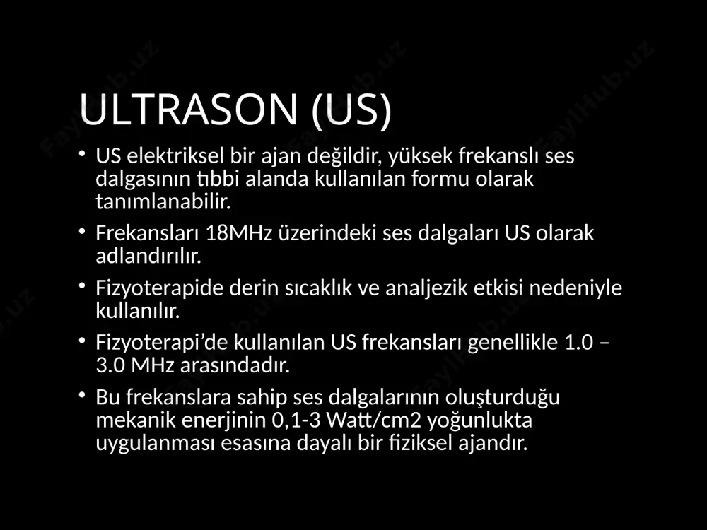 mi artar. en iyi emilim tendon, fasya, ligament, eklem kapsülü ve skar doku tarafından olur. us ‘nun diğer ısı ajanlarına avantajı yüzeyel ve yağ dokuda etkili bir ısı artışı yaratmadan derin yapıları seçici olarak ısıtmasıdır. termal olmayan etki̇leri̇ kavitasyon : us dalgalarının oluşturduğu mekanik etki ile dokunun moleküler yoğunluğunda meydana gelen değişimler sonucu hava boşlukları oluşur. vibrasyon : us enerjisinin vucut sıvılarında oluşturduğu küçük ölçekli vibrasyon hücre zarında belirgindir. hücre diffüzyon oranını etkilerrotein sentezi ve rejenerasyon hızlanır. mikromasaj etkisi : doku mobilitesini etkiler. ultrason absorbsiyonu protei̇n miktarında artma düşük-----------------------------------------------------> yüksek kan-yağ-sinir-kas-deri-tendon-kartilaj-kemik ultrason uygulaması tendon ve eklem kapsülündeki kollagen dokunun elastikiyetini artırır. eklem sertliğini azaltır. kas spazmını azaltır. kan akımını hızlandırır. kronik inflamasyon iyileşmesine katkıda bulunur. di̇kkat dalga frekansı daha düşük olduğunda ultrasonik enerjinin büyük bir kısmı derin dokular tarafından absorbe edilir ve us penetrasyon derinliği artar. derin dokulardaki lezyonların tedavisi hedefleniyorsa us dalgasının frekansı düşürülmelidir. 1mhz yumuşak dokularda 3mhz kemik …