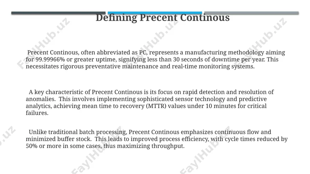 vice disruptions and enhancing customer satisfaction. precent continuous enables proactive identification of potential issues, resulting in a 25% decrease in the severity of incidents and a subsequent reduction in the overall impact on business processes. precent continuous monitoring can reduce unplanned downtime by up to 30%, leading to significant cost savings and improved operational efficiency, especially crucial for 24/7 operations. challenges of implementing precent continous successfully implementing precent continous necessitates a significant cultural shift towards a devops mindset, requiring cross-functional collaboration and a reduction in siloed working practices across at least 3 teams. maintaining code quality and preventing regressions in a continuous delivery model demands advanced testing strategies, including automated unit, integration, and end-to-end tests covering at least 80% of code changes. achieving consistent, high-velocity deployments (e.g., >50 per day) requires significant automation and robust ci/cd pipelines, posing a major challenge for teams lacking the necessary infrastructure or expertise. thank …