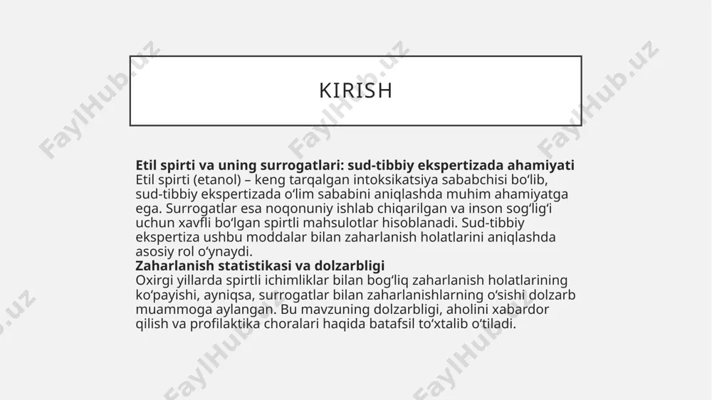 moddalar bo‘lib, ular asab tizimi va ichki a’zolarni kuchli zararlaydi. metanolning formaldigid va mrav’e kislotasiga aylanishi juda xavfli hisoblanadi. zaharlanishda kuzatiladigan morfologik belgilar metanol bilan zaharlanishda ko‘z to‘qimalari zararlanadi (ko‘rlik), buyrak va jigar nekrozi kuzatiladi. patoanatomik tekshiruvda bu belgilar asosiy dalil sifatida xizmat qiladi. biologik materiallardan toksikologik tekshirish qon, siydik, jigar, miya to‘qimalaridan namuna olinadi. gaz xromatografiya usuli bilan metanol va boshqa surrogatlarning miqdori aniqlanadi. sud-tibbiy ekspertizada toksikologik tadqiqotlar asosiy usullar: gaz xromatografiya, spektrofotometriya gaz xromatografiya metanol va etanolni aniq ajratish va miqdorini aniqlashda ishlatiladi. spektrofotometriya usuli bilan spirtlarning spektral xususiyatlari aniqlanadi. namuna olish va saqlash talablari toksikologik tahlil uchun namunalar toza idishlarda va past haroratda saqlanishi kerak. qon, siydik va ichki a’zolardan namuna olish qoidalari haqida to‘xtalib o‘tiladi. tekshirish natijalarini baholash tahlil natijalarini baholashda spirtlarning miqdori va organizmga ta’sir darajasi hisobga olinadi. zaharlanishning og‘irlik darajasi ekspertiza xulosasiga kiritiladi. sud-tibbiy ekspertiza xulosasi va hujjatlashtirish ekspertiza dalolatnomasi tuzish sud-tibbiy ekspertiza dalolatnomasi …