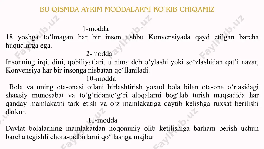 archalari va maktabgacha ta’lim muassasalarida suiiste’molchiliklarning oldini olish va q onuniylikni ta’minlashga q aratilgan jamoat nazoratini oʻrnatishni nazarda tutuvchi amaliy meхanizmni joriy q ilishni nazarda tutuvchi takliflarni vazirlar ma h kamasiga kiritsinquyidagilar uchun oliy ta’lim muassasalariga abituriyentlarni qabul qilishning umumiy soniga qoʻshimcha ravishda bir foizgacha davlat granti asosidagi qabul kvotalari ajratiladi: 2019/2020 oʻquv yilidan boshlab "mehribonlik" uylari va bolalar shaharchalarining bitiruvchilari boʻlgan chin yetimlar uchun; 2021/2022 oʻquv yilidan boshlab sos - bolalar mahallalari va oilaviy bolalar uylari bitiruvchilari, shuningdek, vasiylikka, homiylikka yoki oilaga tarbiyaga olingan (patronat) yetim bolalar (yigirma besh yoshga toʻlmagan) uchun. oʻzbekiston respublikasi davlat statistika qoʻmitasi ikki oy muddatda ilovaga muvofiq onalik va bolalikka oid statistik ma’lumotlarni "stat.uz" veb-saytiga joylashtirishni va ma’lumotlarni doimiy ravishda yangilab borishni ta’minlasin vasiylik va homiylik to'g'risidagi qonun vasiylik — 14 yoshga to‘lmagan etim bolalarni va ota-onasining qaramog‘idan mahrum bo‘lgan bolalarni, shuningdek sud tomonidan muomalaga layoqatsiz deb topilgan fuqarolarni ularga ta’minot, tarbiya va ta’lim …