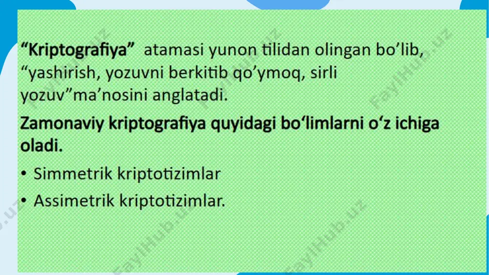 aytirish uchun zarurdir. • xavfsiz protokollar: kriptografiya https (xavfsiz veb-sahifalarni ko‘rish uchun), ssl/tls (xavfsiz ma'lumotlarni uzatish uchun) va ssh (xavfsiz masofaviy kirish uchun) kabi turli xil xavfsiz aloqa protokollarida qo‘llaniladi. • ushbu asosiy tushunchalarni tushunish kriptografiya bilan ishlaydigan yoki xavfsiz aloqa va ma'lumotlarni himoya qilish uchun unga tayanadigan har bir kishi uchun juda muhimdir. kriptografiya keng va rivojlanayotgan soha bo‘lib, zamonaviy raqamli dunyoda hal qiluvchi rol o‘ynaydi. steganografiya: qat'iy kriptografiya bo‘lmasa-da, steganografiya bir ma'lumotni boshqasida aniqlash qiyin bo‘lgan tarzda yashirish amaliyotidir. bu tasvirlar, audio yoki boshqa zararsiz ko‘rinadigan fayllardagi xabarlarni yashirishni o‘z ichiga olishi mumkin. shifrlash: shifrlash algoritm va kalit yordamida ochiq matnni (odam tomonidan o‘qiladigan ma'lumotlarni) shifrlangan matnga (o‘qib bo‘lmaydigan ma'lumotlar) aylantirish jarayonidir. maqsad ma'lumotlarni ruxsatsiz shaxslarga o‘qib bo‘lmaydigan qilishdir. misol: xabarni kodlash uchun alifbodagi harflarni almashtirish uchun sezar shifridan foydalanish (masalan, "a" ni "d" ga o‘tkazish). shifrni hal qilish: shifrni hal qilish shifrlashning teskari jarayonidir. bu to‘g‘ri shifrni …