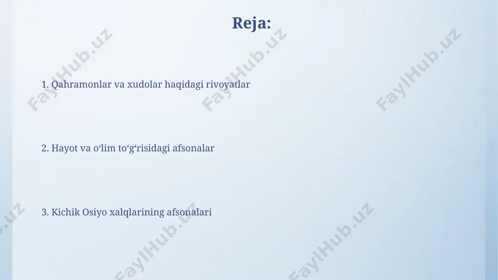 yorlangan sehrli ichimliklar yordamida sehr-jodularni amalga oshirishlari aytiladi. sehrli mavjudotlar, masalan, 7 ta boshli ajdaho yoki 3 ta koʻzli jinlar, afsonalarda koʻpincha tabiat hodisalari bilan bogʻlanib, kuch va xavf ramzi sifatida tasvirlangan. qahramonlar va xudolar haqida afsonalar ba'zi afsonalar insonlarning xudolar bilan o'zaro munosabatlarini, 500 yildan ortiq davom etgan urushlarni va xudolarning insoniyatga ta'sirini aks ettiradi. qahramonlar afsonalarida 3 dan ortiq sehrli qurollar, masalan, qilichlar, kamonlar va sehrli qalqonlar tasvirlangan bo'lib, ular qahramonlarga g'ayritabiiy kuch beradi. qadimgi an'analar va e'tiqodlar qadimgi o'zbek xalqining 12 ta asosiy totem hayvonlariga sig'inish an'analari mavjud bo'lib, ularning har biri muayyan tabiiy hodisa yoki fazilatni ifodalagan. markaziy osiyo xalqlarining mifologiyasida 3000 yildan ortiq tarixga ega bo'lgan “daraxtlar ruhi” e'tiqodi keng tarqalgan. e'tiboringiz uchun rahmat @taqdimot_robot image4.png image5.jpg image6.jpg image7.jpg image8.jpg image9.jpg image10.jpg image11.jpg image3.jpeg