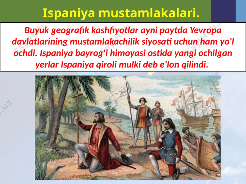 shga kirishdi. bu davlat mustamlakachilari shimoliy amerikani egallay boshladilar. xvii asr boshlarida bu yerda birinchi mustamlaka - virginiyaga asos solindi. angliya hukumati tashqi savdoni chet davlatlar bilan savdo ishlarini olib boruvchi boy savdogarlar tuzgan turli kompaniyalar ixtiyoriga topshirib qo'ydi. mahalliy hindu aholisi o'rmonlar ichkarisiga surib chiqarildi. bunday kompaniyalardan biri 1600 - yilda tuzilgan «ost-indiya» kompaniyasi edi. eng boy bo'lgan bu kompaniyaga hind va tinch okeanlari sohilida joylashgan mamlakatlar bilan savdo qilish huquqi berildi. boshqa kompaniyalar qatori «ost-indiya» kompaniyasi ham davlat xazinasiga juda katta miqdorda daromad keltirardi. «ost-indiya» kompaniyasi keyinchalik boburiy hukmdorlardan hindistonda boj to'lamay savdo qilish huquqini qo'lga kiritdi. bu kompaniya hindistondan yevropaga mato, ziravor va boshqa tovarlarni yuborar edi. mustamlakachilar hindistonda yanada mustahkamroq o'rnashib olish uchun o'z savdo manzilgohlarini qal'aga aylantira borganlar. savol va topshiriqlar 1. yevropa davlatlarining mustamlakachilik siyosatiga sabab bo'lgan omillarni qayd eting. 2. ispaniya markaziy va janubiy amerikani qay tariqa mustamlakaga aylantirganligi haqida nimalarni bilib oldingiz? …