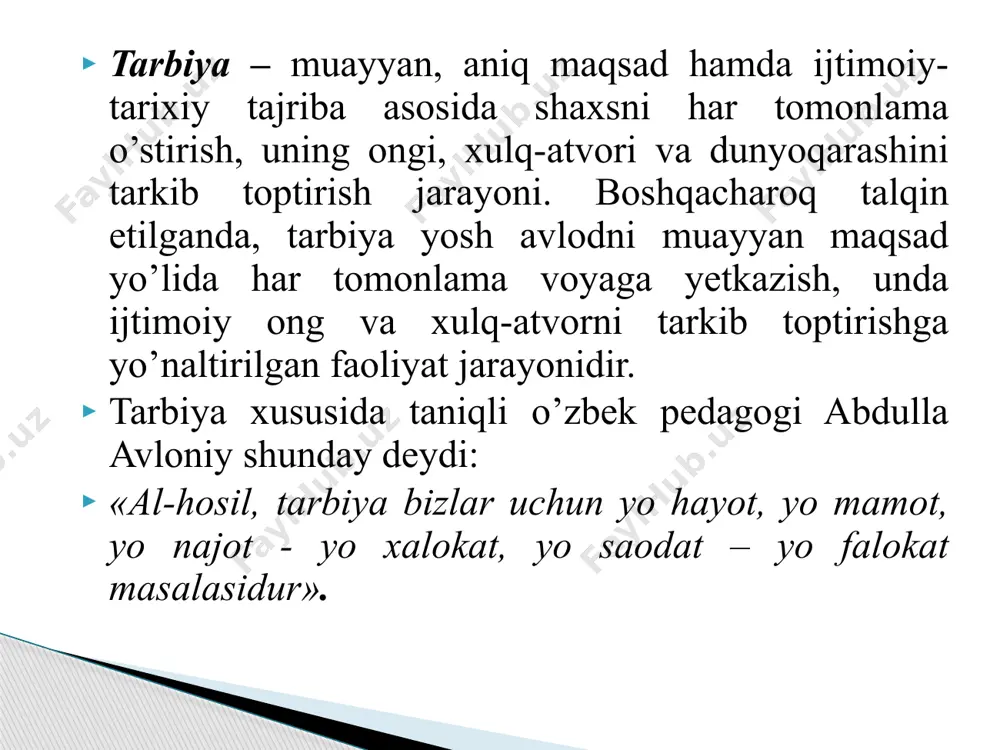 nlama xususiyatga ega bo’lib, unda bolaning o’zi ham faol ishtirok etadi. tarbiyada qarama-qarshiliklarning ko’pligi yana bir xususiyatdir. bu qarama-qarshiliklar bolalarda o’z tushunchalariga muvofiq dastlabki paydo bo’lgan sifatlar bilan tarbiyachi tomonidan tarkib toptirilayotgan sifatlar o’rtasida o’quvchilarga qo’yilgan talablar bilan uni bajarish imkoniyatlari o’rtasidagi kurashlarda namoyon bo’ladi. tarbiya qonuniyatlari – bu bir tomondan, ijtimoiy hodisa sifatida tarbiyaning xususiyatlari, ikkinchi tomondan, shaxsning rivojlanishi bilan bog’liq bo’lgan barqaror aloqalar. tarbiya jarayonining quyidagi qonuniyatlari mavjud: ijtimoiy muhitning ob’ektiv va sub’ektiv omillariga bog’liqligi; tarbiya shaxsning rivojlanishi bilan birligi va o’zaro bog’liqligi; faoliyat va munosabatni e’tirof etish shaxsning ijtimoiy qimmatli fazilatlarini shakllantirishning negizi va asosiy manbai; tarbiyalanuvchilarning o’zaro tarbiyaviy ta’siri, o’zaro munosabatlari hamda faol faoliyati o’rtasidagi bog’lanish; tarbiya va o’zini-o’zi tarbiyalashning intensivligi; tarbiyalanuvchining “ichki olami”ga ta’sir etishning intensivligi; tarbiyalanuvchilarda verbal va sensomotor jarayonlarning rivojlanish darajasi va pedagogik ta’sirni hisobga olish. tarbiya jarayoni quyidagi tamoyillar asosida boshqariladi: maqsadga qaratilganligi va g’oyaviy yo’nalganligi; tarbiyaning insonparvarlashuvi; tarbiyaning hayot, mehnat bilan …